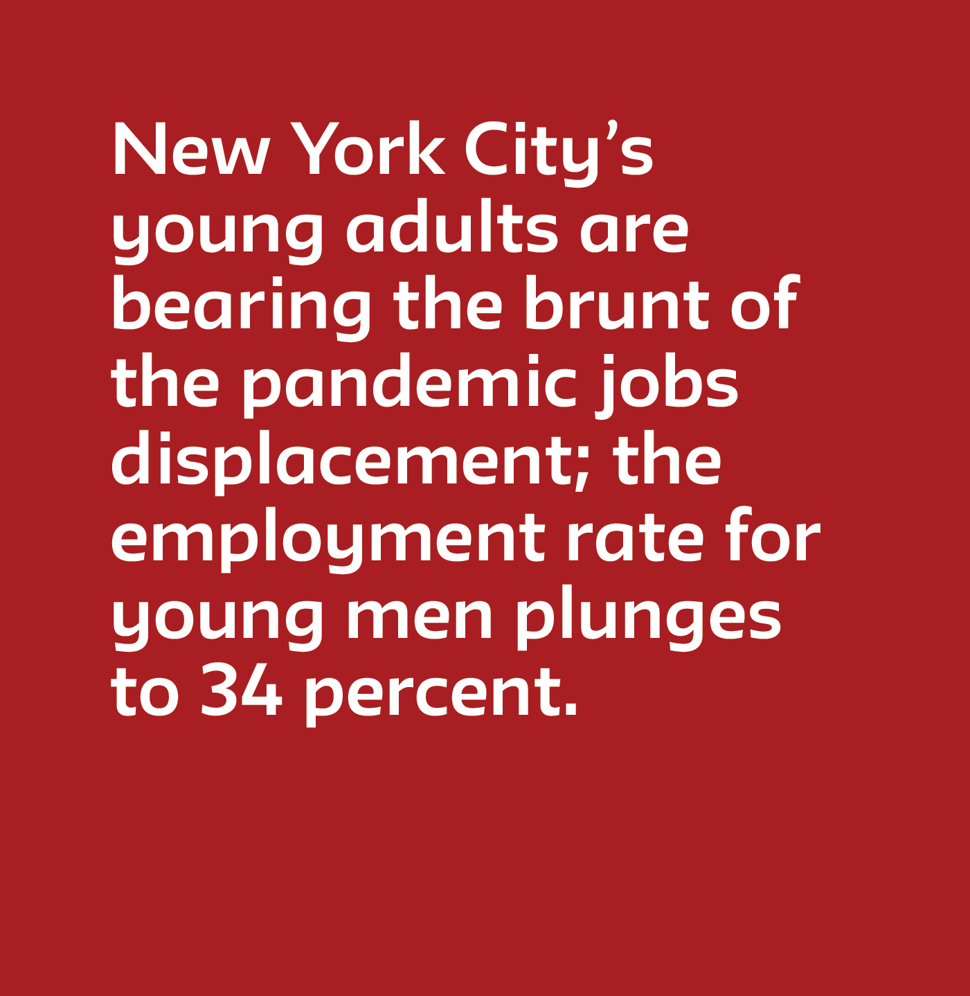 New York City’s young adults are bearing the brunt of the pandemic jobs displacement; the employment rate for young men plunges to 34 percent.  