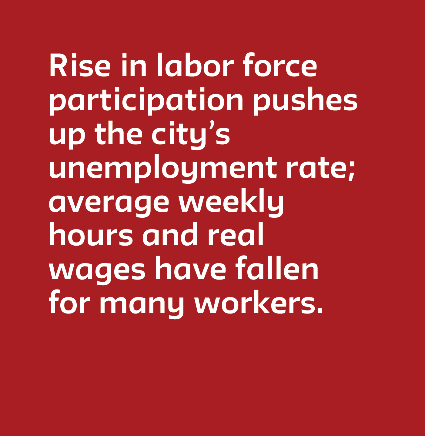 Rise in labor force participation pushes up the city’s unemployment rate; average weekly hours and real wages have fallen for many workers.  