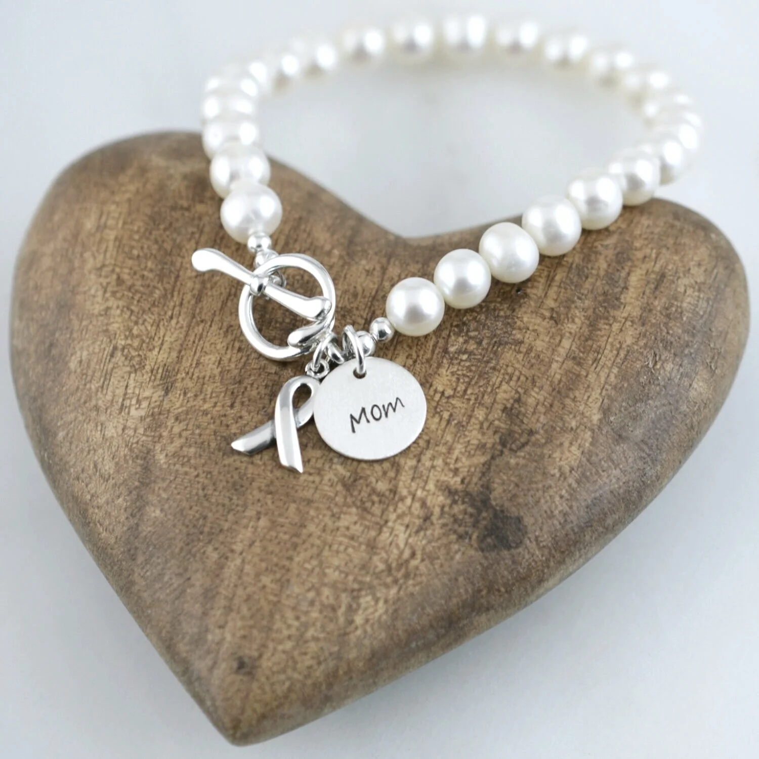 ★ENGBROX★ [silver925] camille ribbon pearl bracelet Fresh Water Pearl Silver Ribbon Cancer Awareness Mom