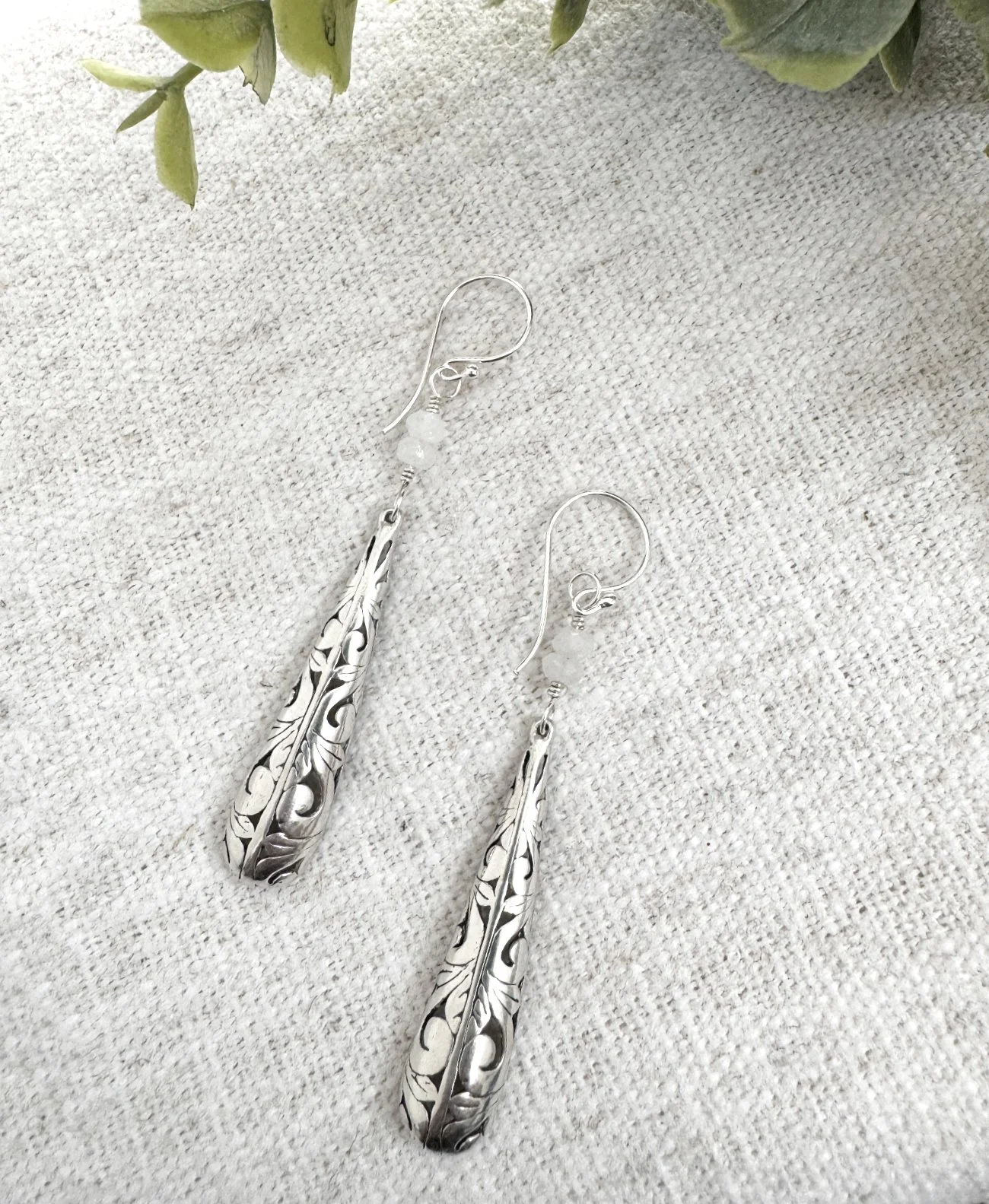 Sterling Silver Filigree Moonstone Teardrop Earrings