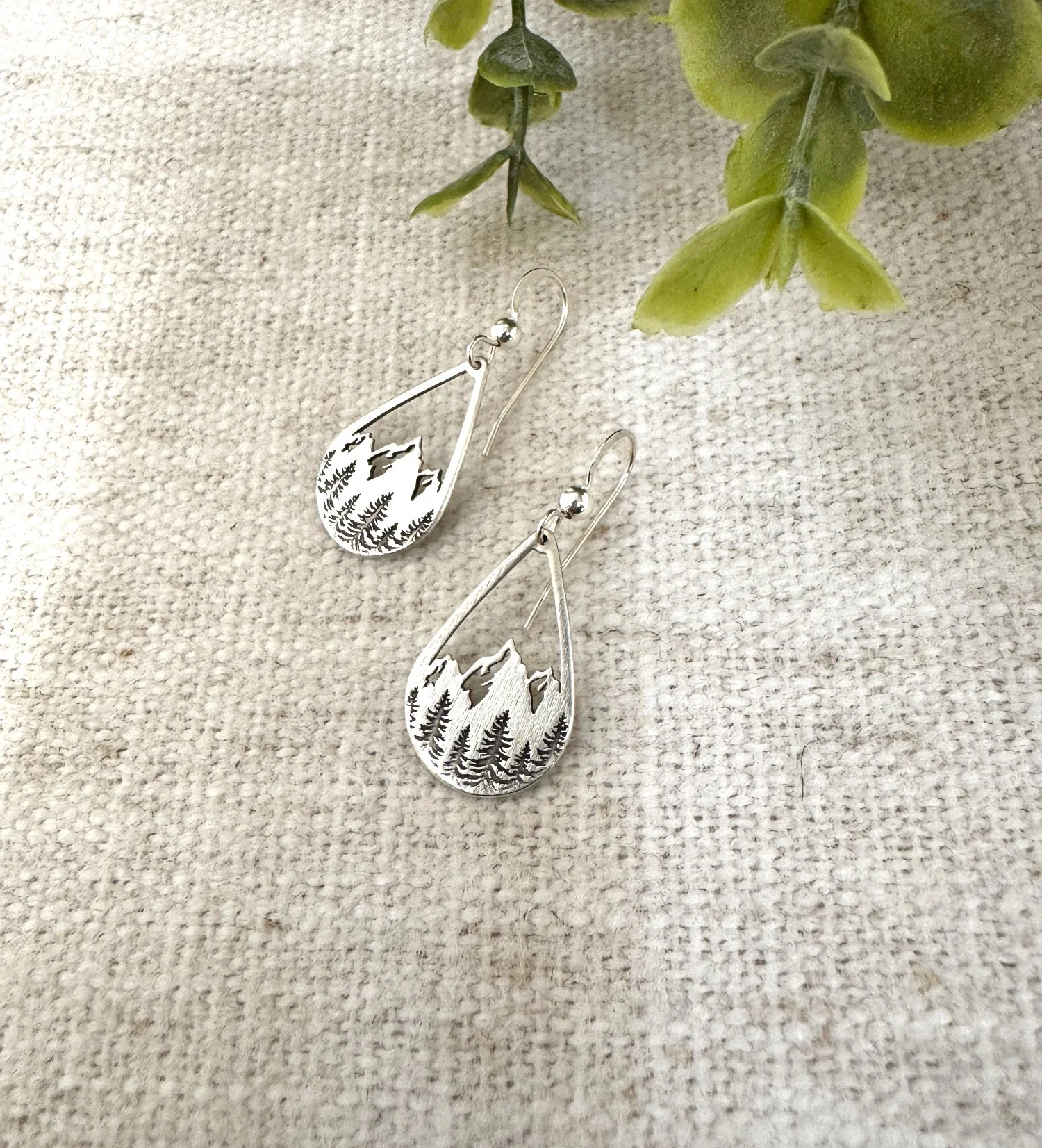 Sterling Silver Teardrop Engraved Mountain Tree Earrings
