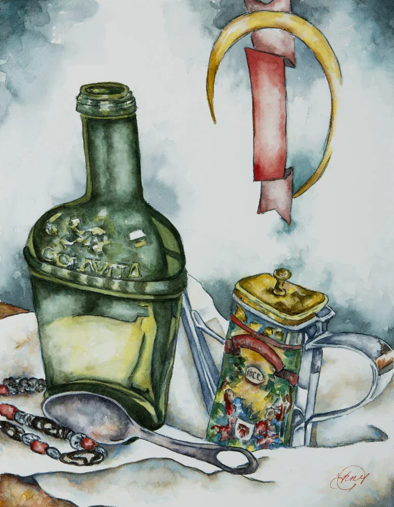2013, Still Life with Olive Oil Containers-Watercolour Version