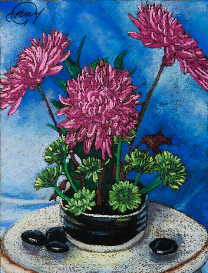 2015, Still Life with Pink Mums and River Rocks