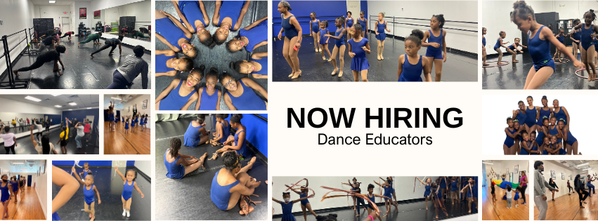 Collage of dance classes and rehearsals with young girls practicing ballet and dance routines, group photos, and a sign that says 'NOW HIRING Dance Educators'.