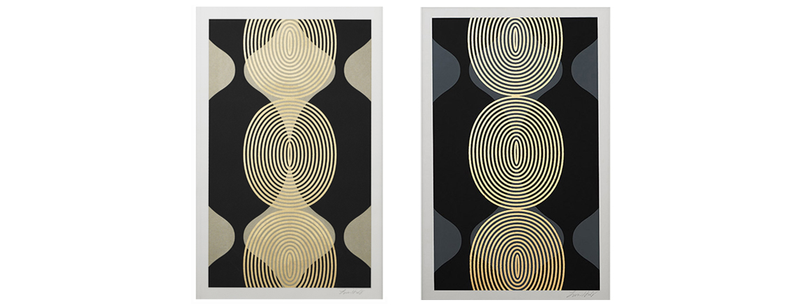 Hourglass Beads Detail (Gold, Grey) , 2015. Screen print. Ink, gold leaf. 13" x 20". Inquire