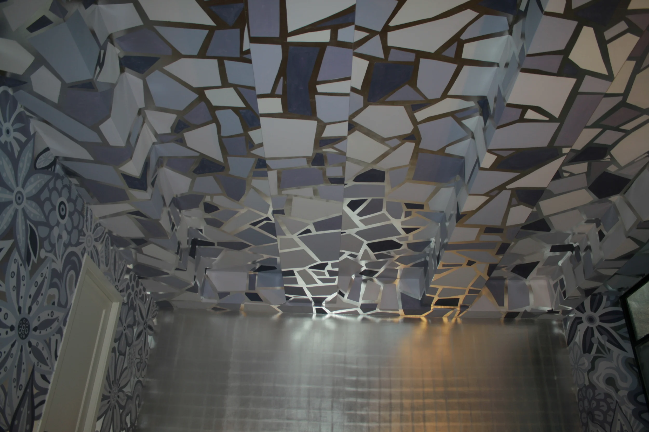 silver leaf gilded walls and ceiling with hand painted mural on top