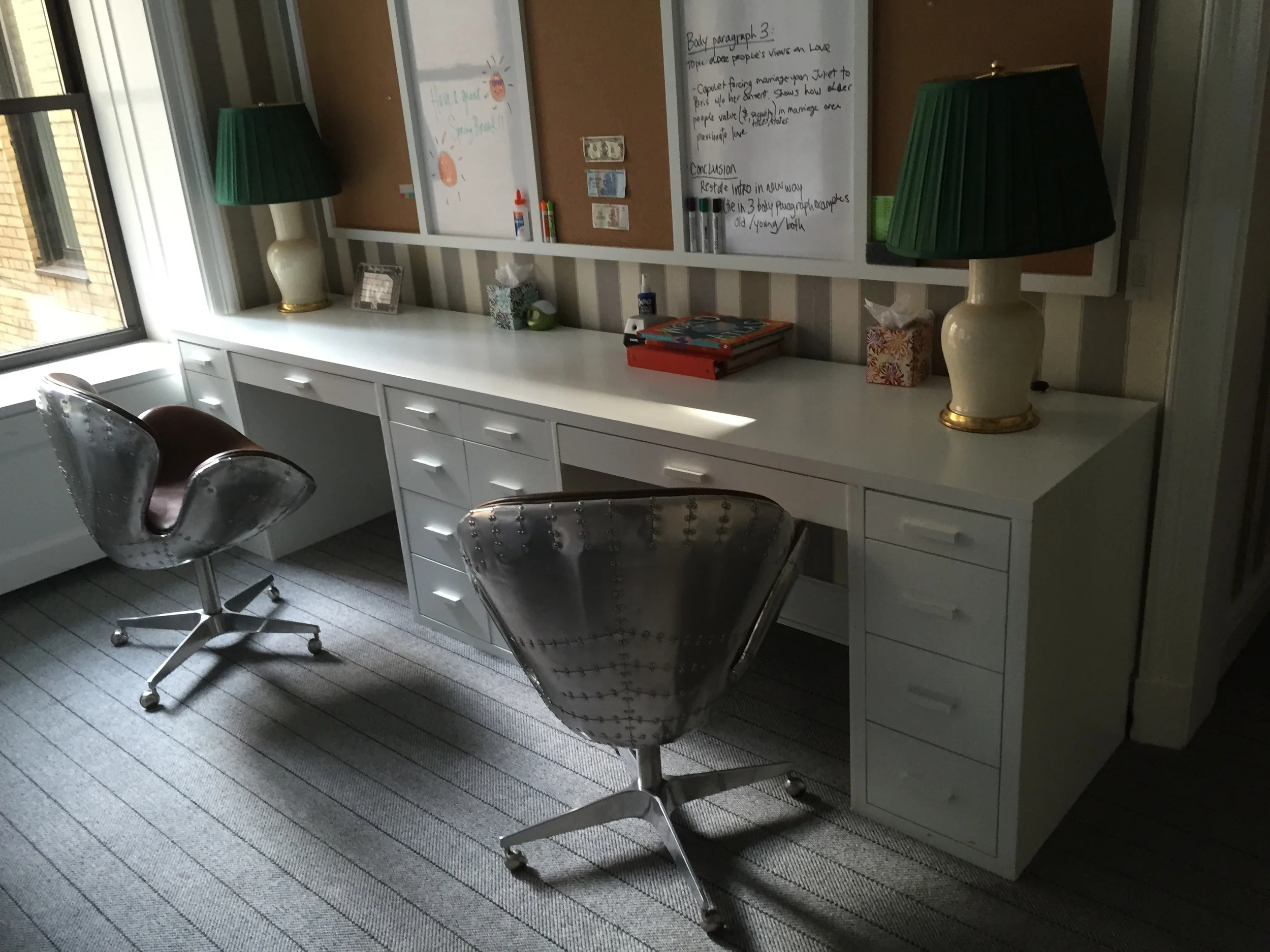 Custom desk with double seating and shelving for NYC kids' room