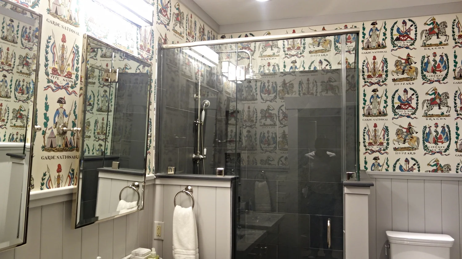 Wallpaper installation in bathroom of Vermont home