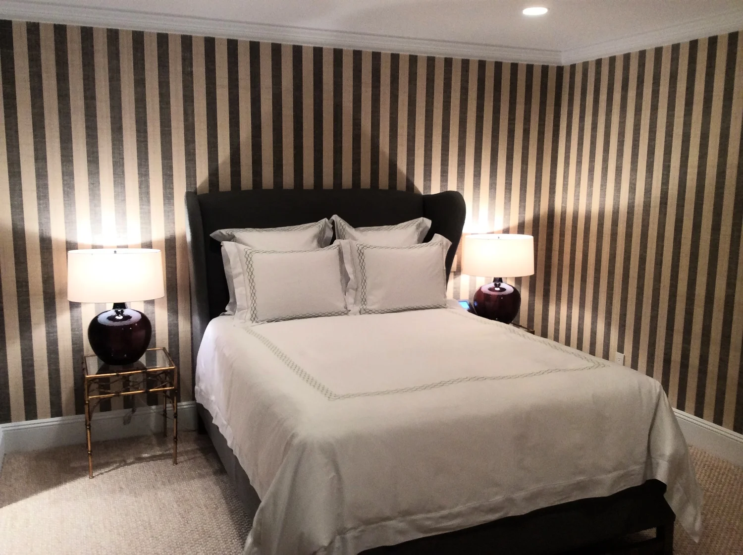 Linen wallcovering in bedroom