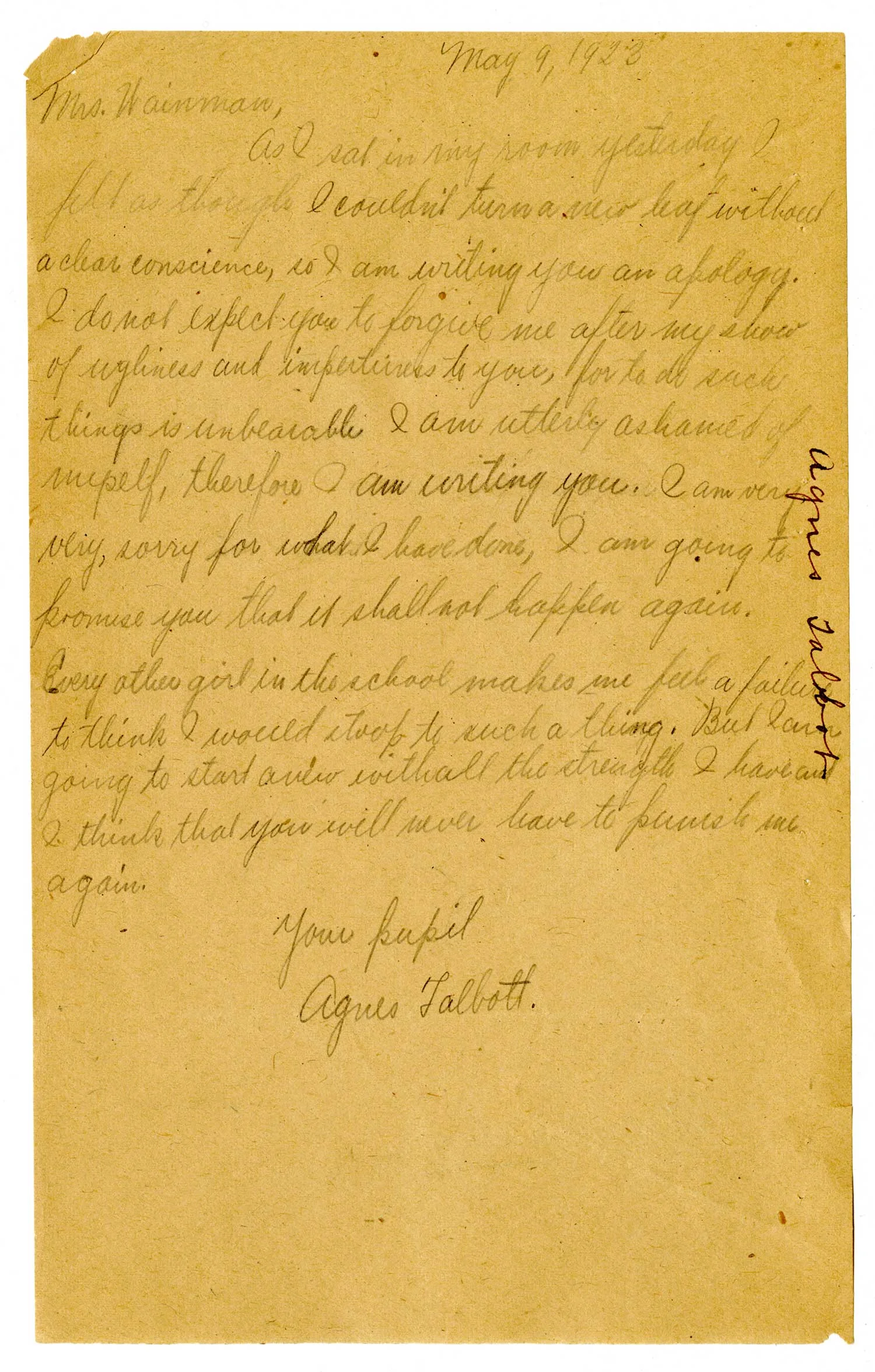 Correspondence from Agnes Talbott, NY State Training School for Girls, Hudson, NY (May 9, 1923)