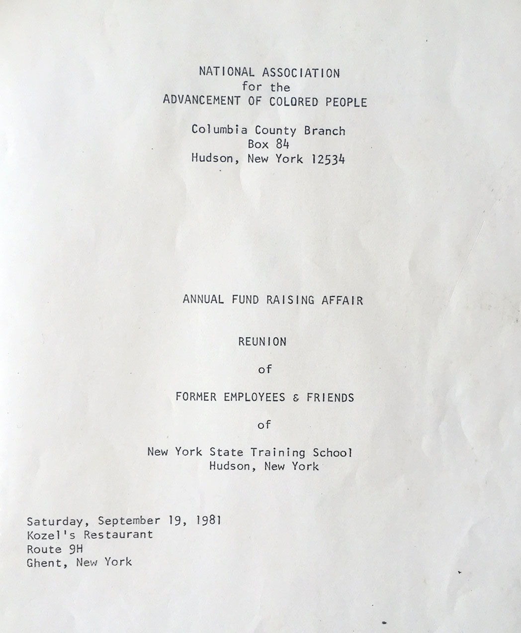Program cover, NYS Training School for Girls Reunion sponsored by the NAACP