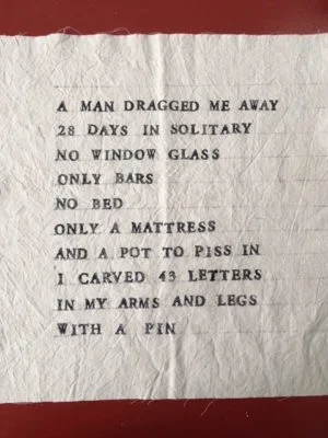 One page of the cloth book/artwork in progress by Luz Minerva Muniz, former resident of the NYS Training School for Girls (1904 – 1975), in Hudson, NY and artist/educator Maureen McNeil. Photo credit: Maureen McNeil.