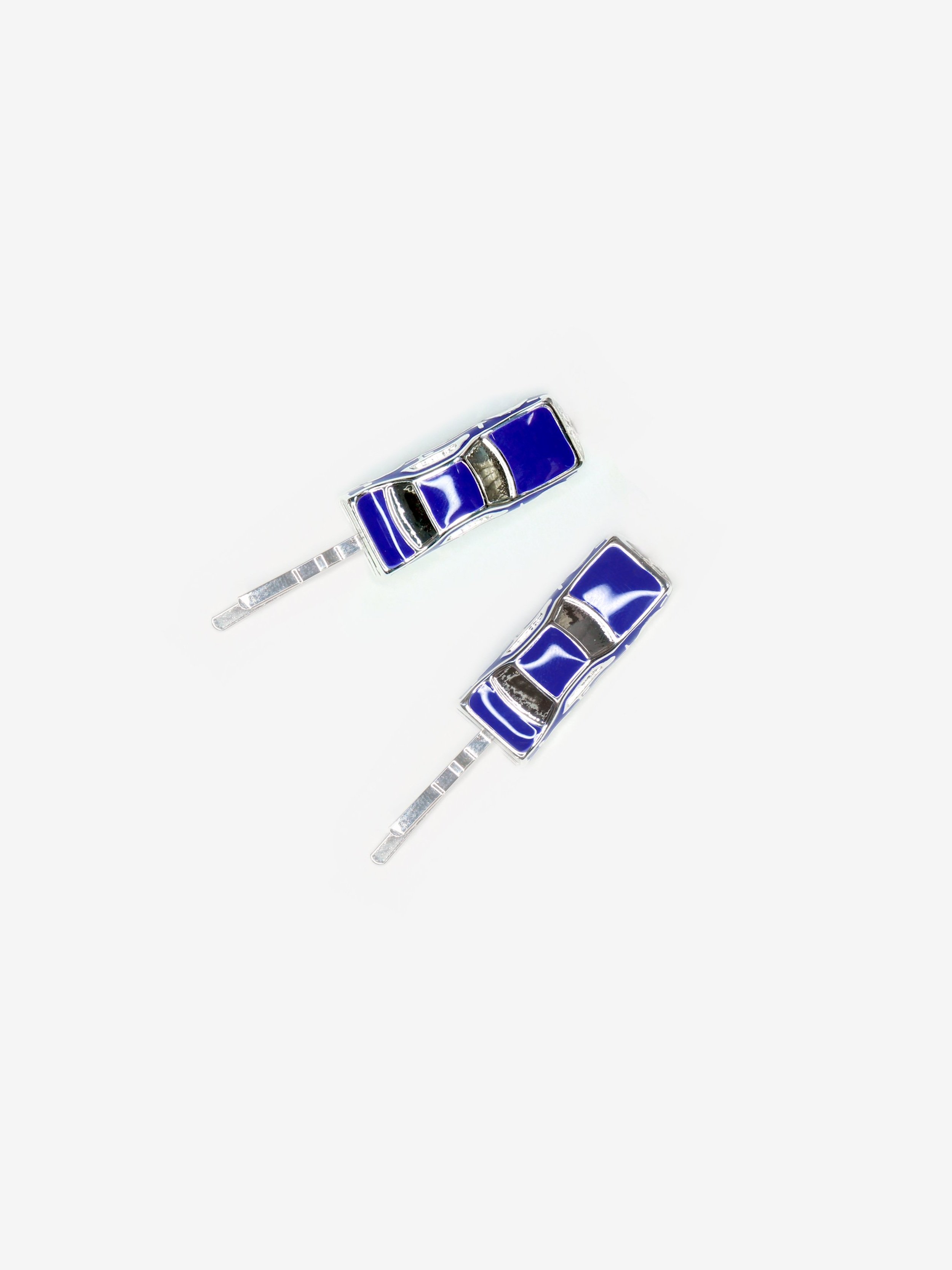 Pair of two traffic jam hairpins with little blue and silver cars on a pin shown on white