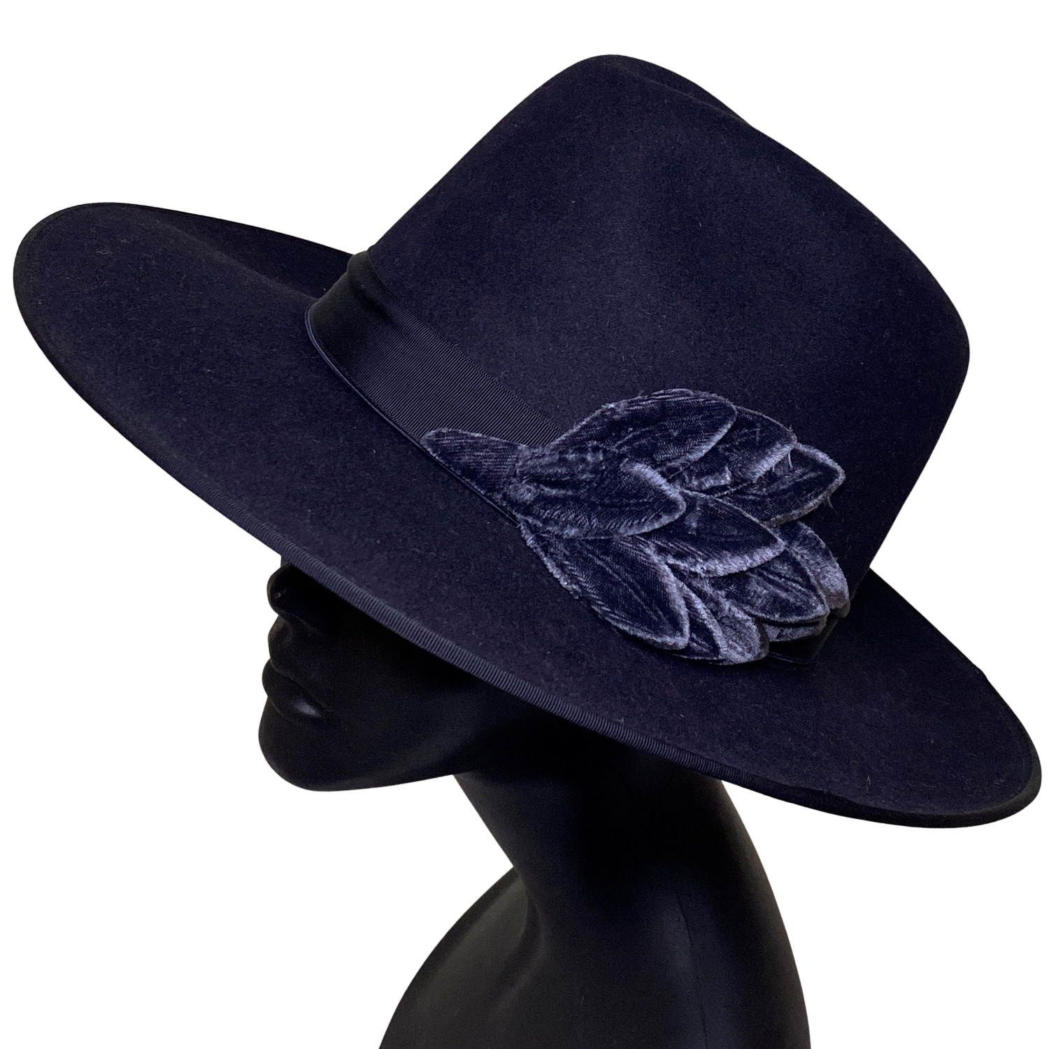 Embroidered Wide-Brim Suede Fedora Hat - Navy High Quality Wool Suede Flat Brim Feather Fedora Wool Hats  main image 2