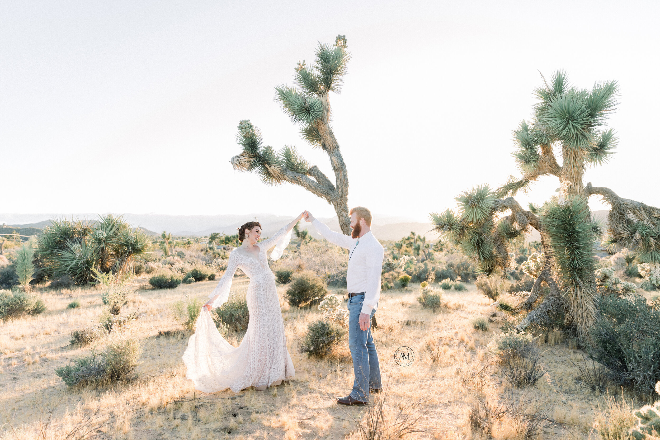 Man twirling wife in desert