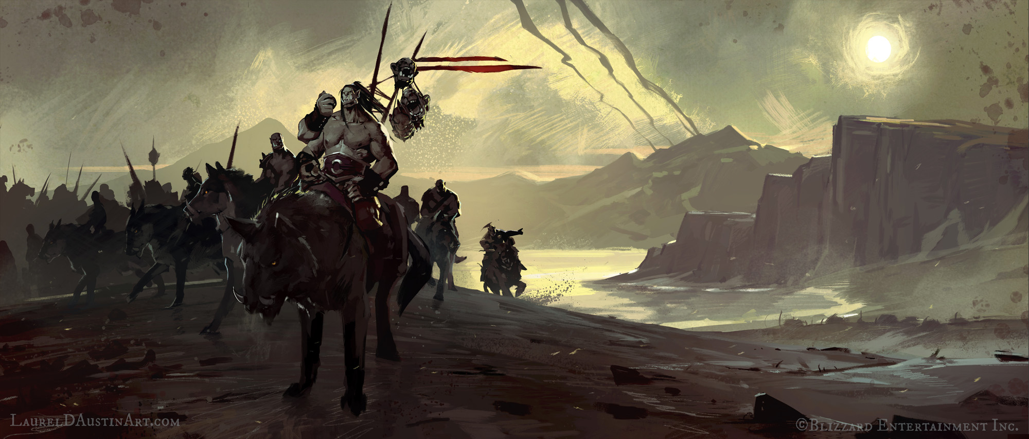 My painting on Doug Alexander's layout. You can see on Grommash a couple different "animation" phases of his arm. The banners on his spears were left straight so that the cloth could be easily animated.