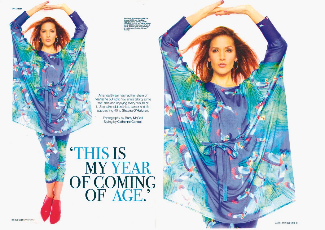 Amanda Byram chose to wear our amazing Hummingbird kimono and the Hummingbird legging for the pictures on an interview with Shauna O’Halloran in Irish Tatler, March 2013.