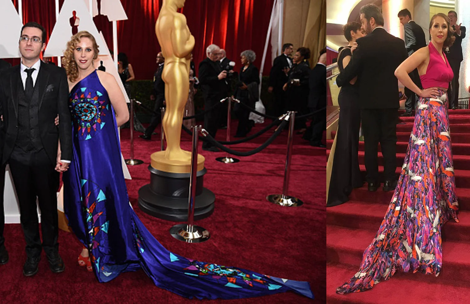 Liselott wore two Jennifer Rothwell's creations at the Oscar while accompanying her husband Tomm Moore: in 2015, she wore the Circular Stainglass Digital printed one shoulder gown, inspired by the vivid colours from the stain glass windows made by Irish Artist Harry Clarke, and in 2018, a Crane Print Maxi Skirt and an assorted fuchsia top, the print being inspired by Dublin’s Bloom Festival and Jennifer’s love of birds and Japanese influences.