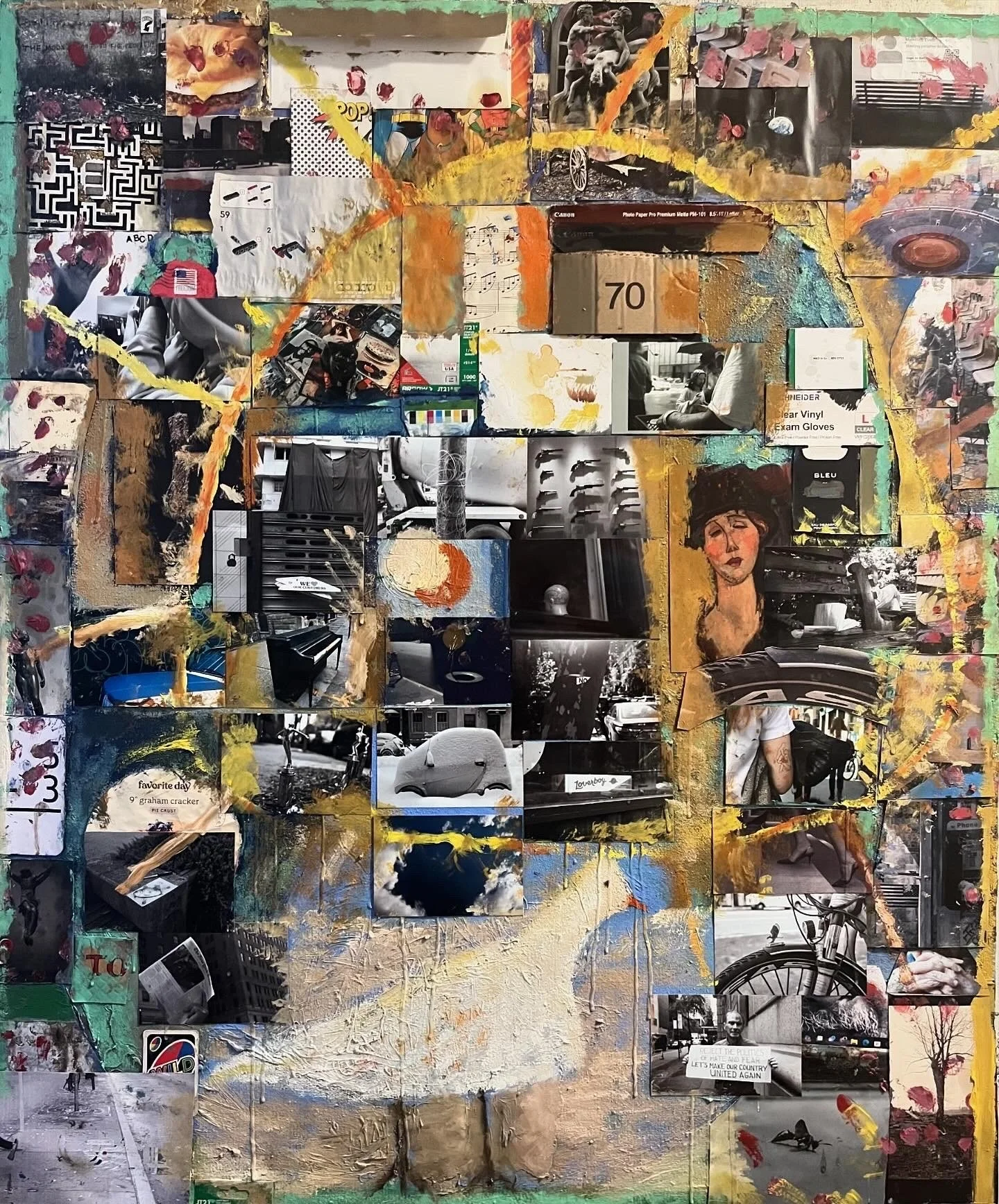 Bird surrounded by human stuff
Oil, photographs on canvas
2024