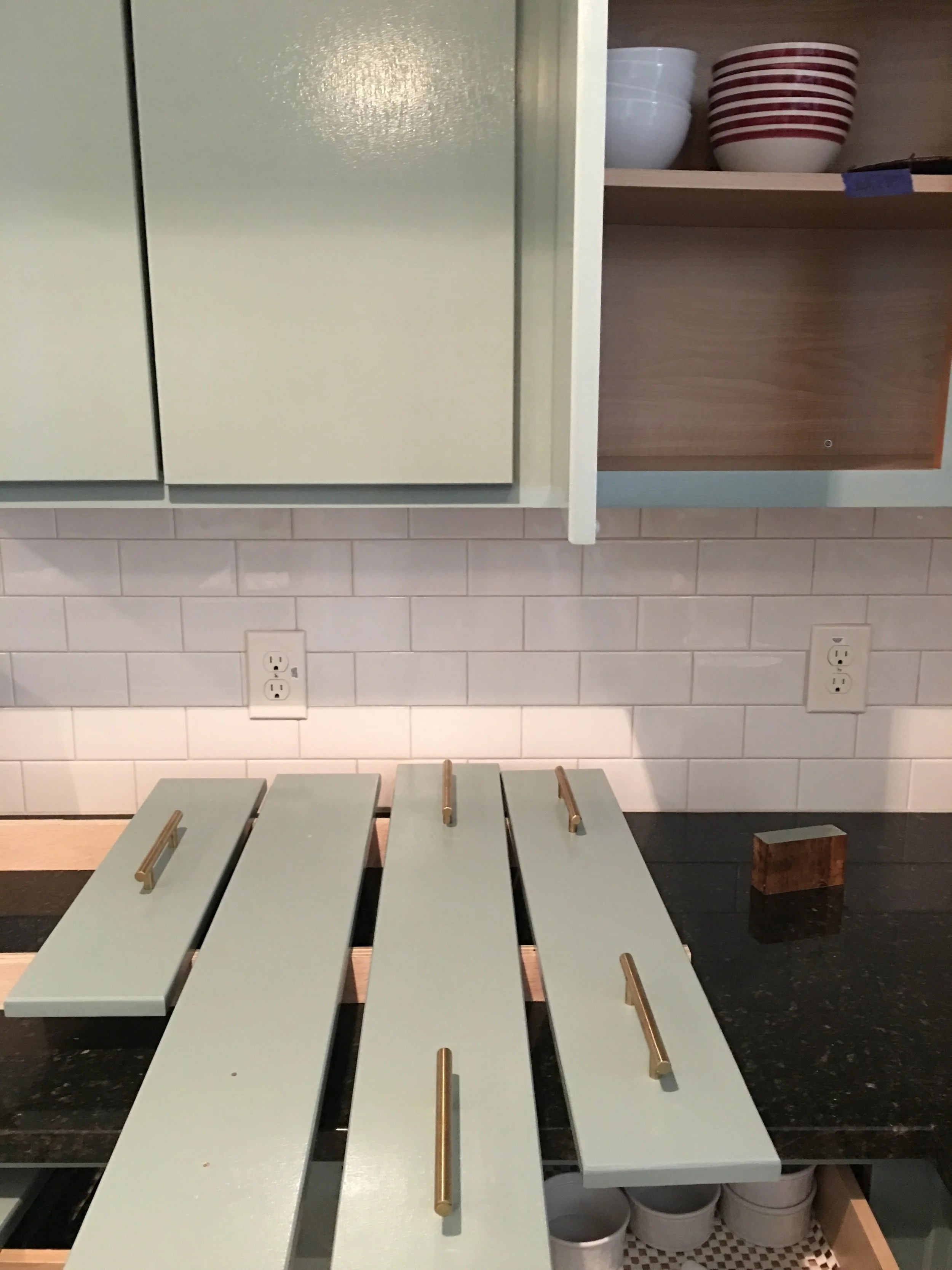 We chose hardware off of Amazon that was considered "cheap" due to how lightweight it is. We figured if it's installed correctly it wouldn't be an issue. Hopefully these brass pull bars will hold up nicely. (Source below)