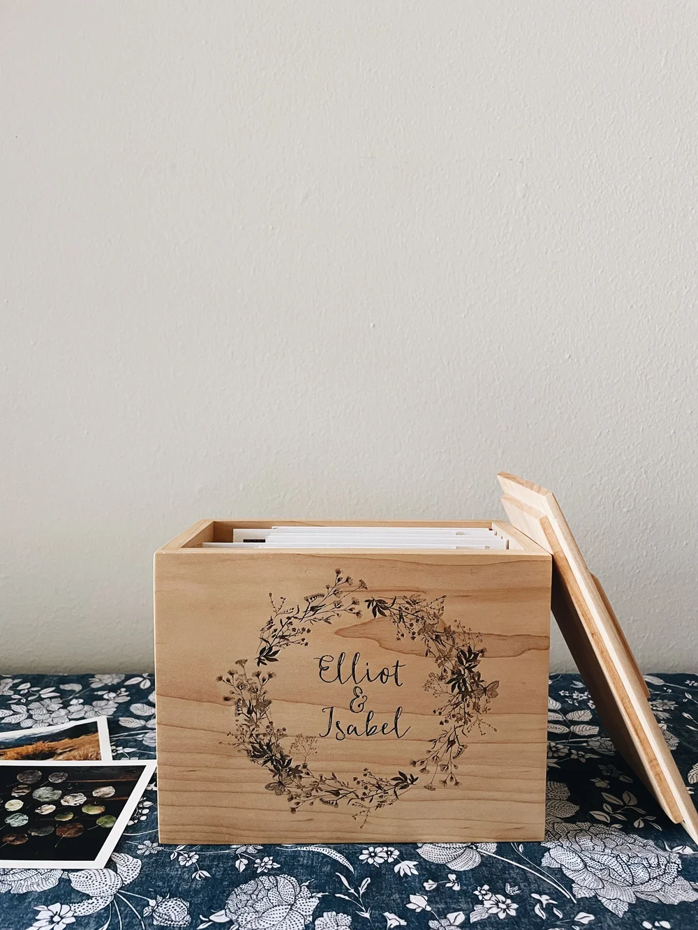 Custom Wooden Keepsake Box With Engraved Design Rustic. Stock