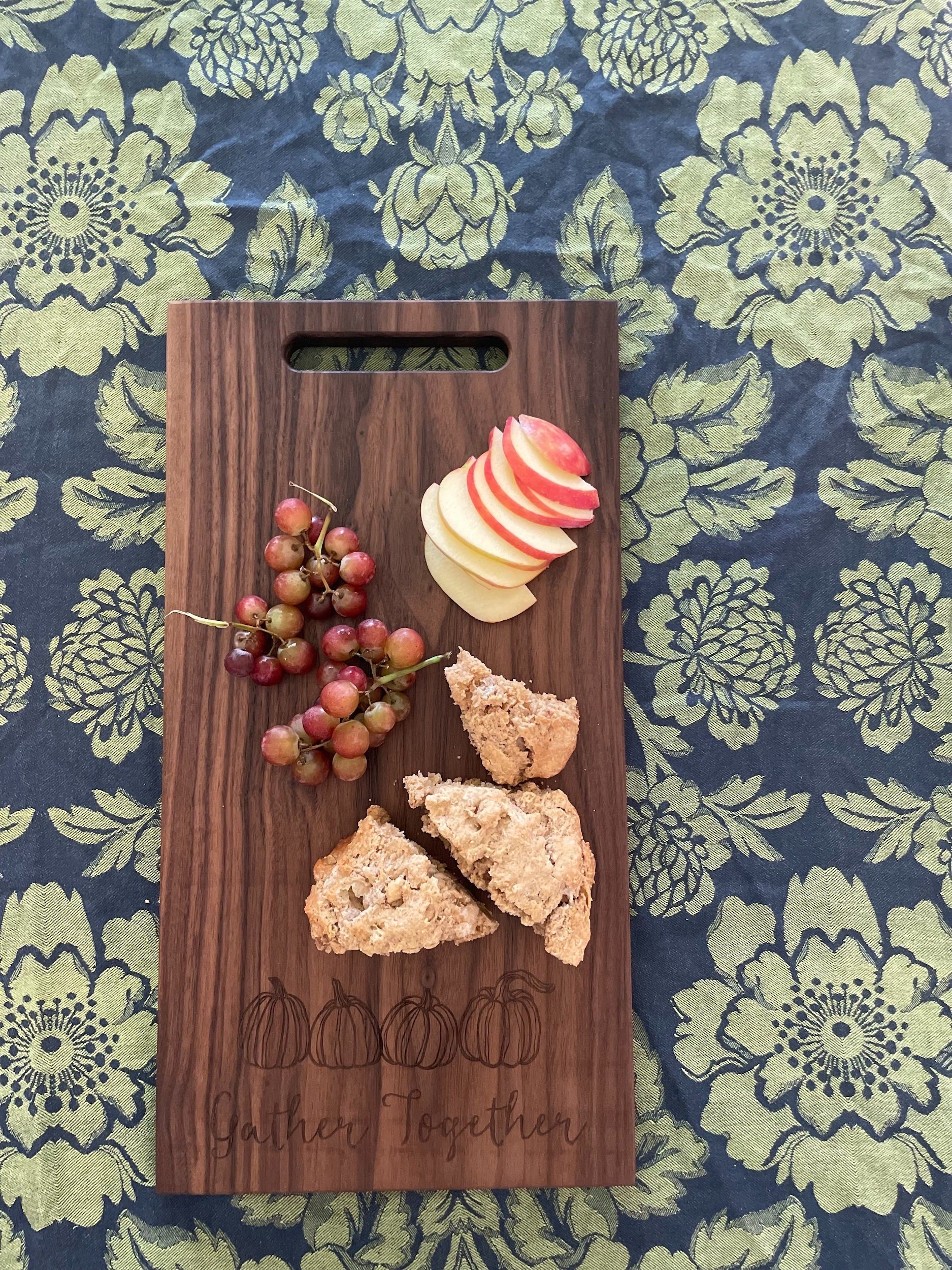 Wood Engraved Cutting Board with Fall Decor Theme, Charcuterie Board with Pumpkins, Autumn Cheese Board in Walnut, Maple, White Oak, Gather