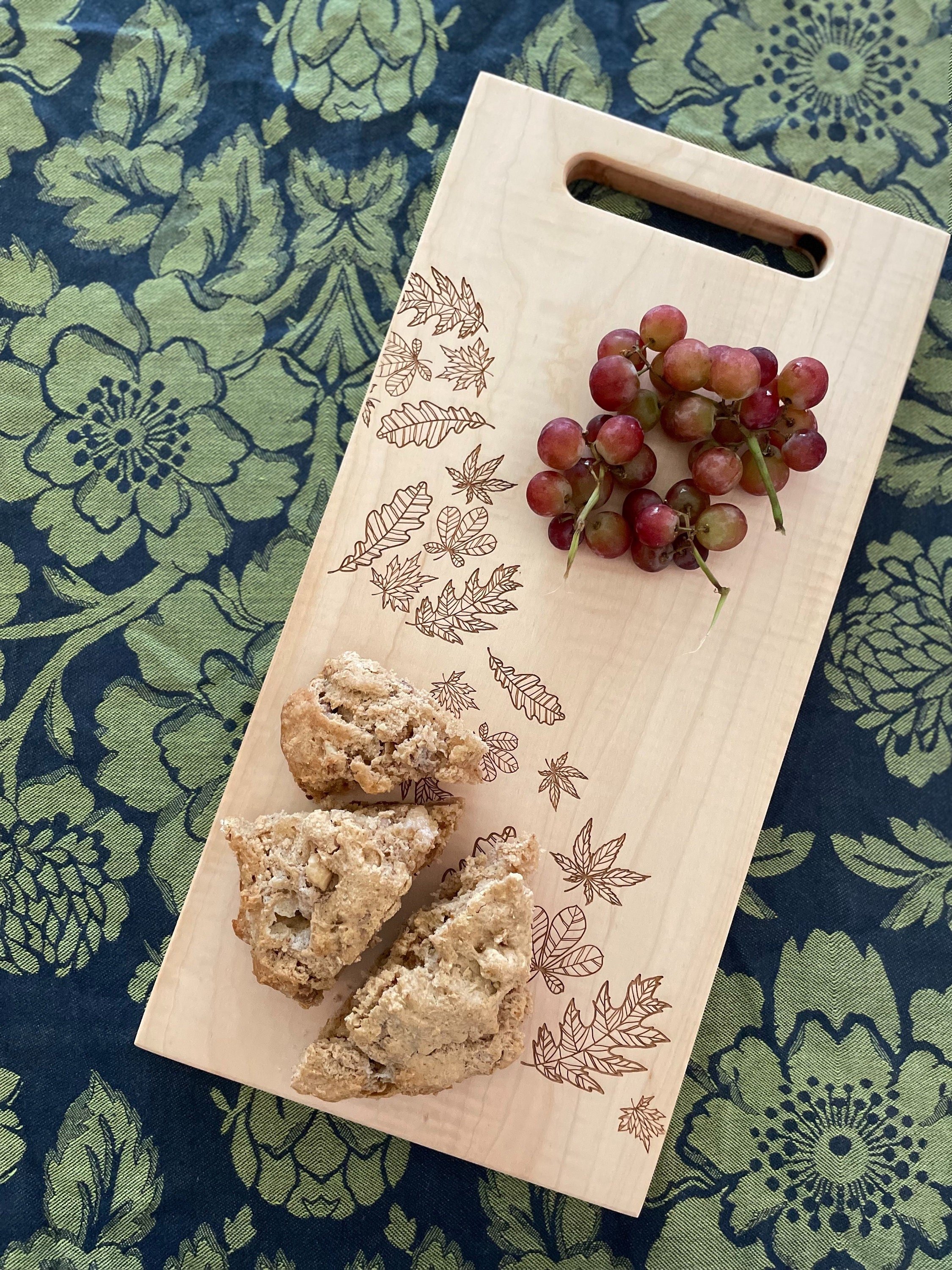Engraved Cheese Board with Fall Decor Theme, Wood Charcuterie Board with Falling Leaves, Autumn Cutting Board in Walnut, Maple or White Oak
