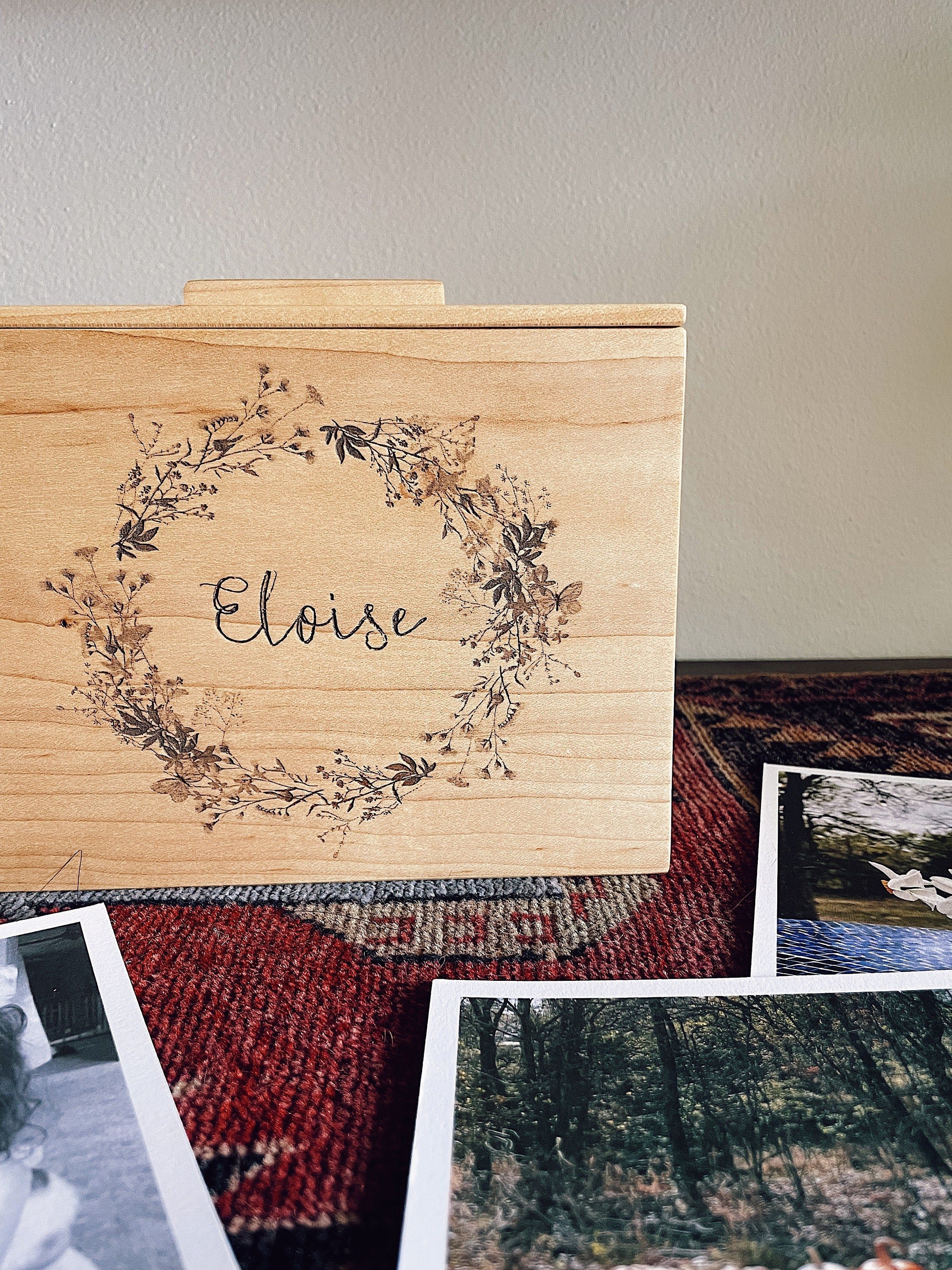 Engraved Wooden Photo Keepsake Box Made With Walnut or Maple, Personalized Gift for Christmas, Box for 4x6 or 5x7 Photos, Wildflower Wreath