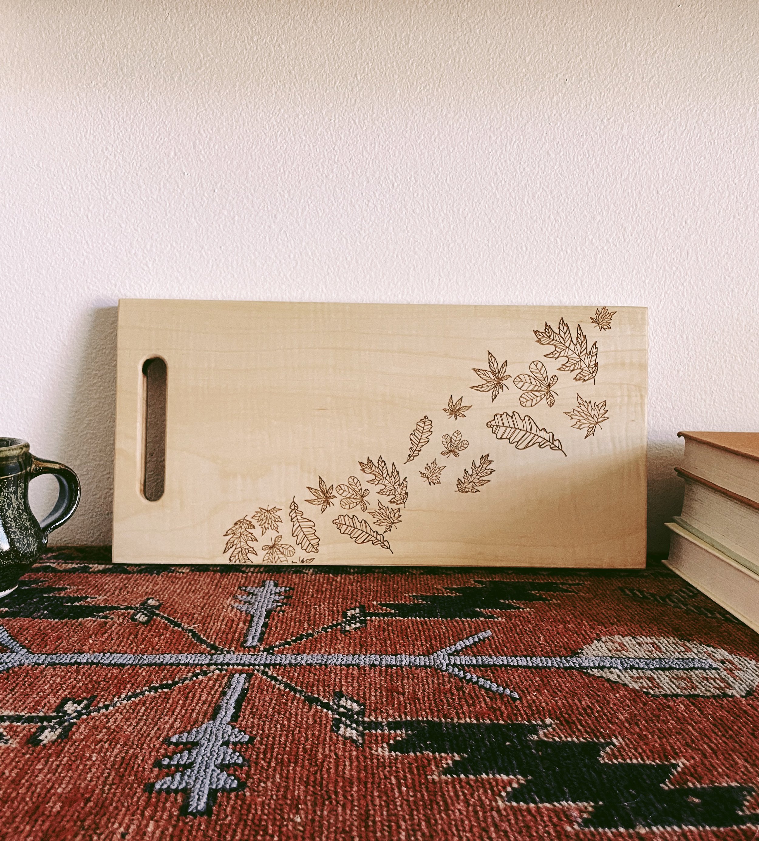 Engraved Cutting Board with Fall Decor, Charcuterie Board with Falling Leaves, Autumn Cheese Board in Walnut, Maple or White Oak