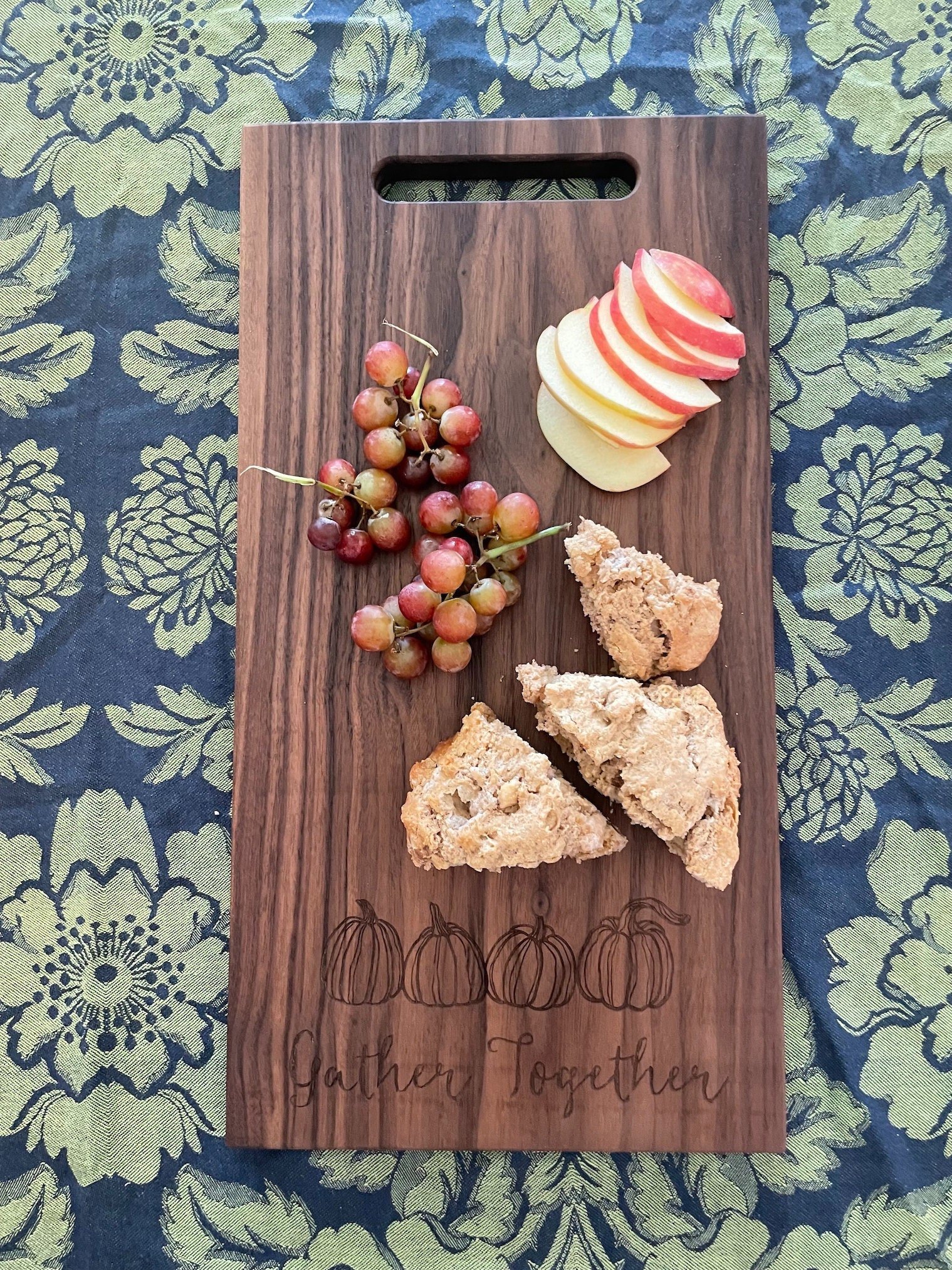 Cheese Board Engraved with Fall Decor Theme, Charcuterie Board with Pumpkin Design, Autumn Cutting Board in Walnut, Gather Together Phrase