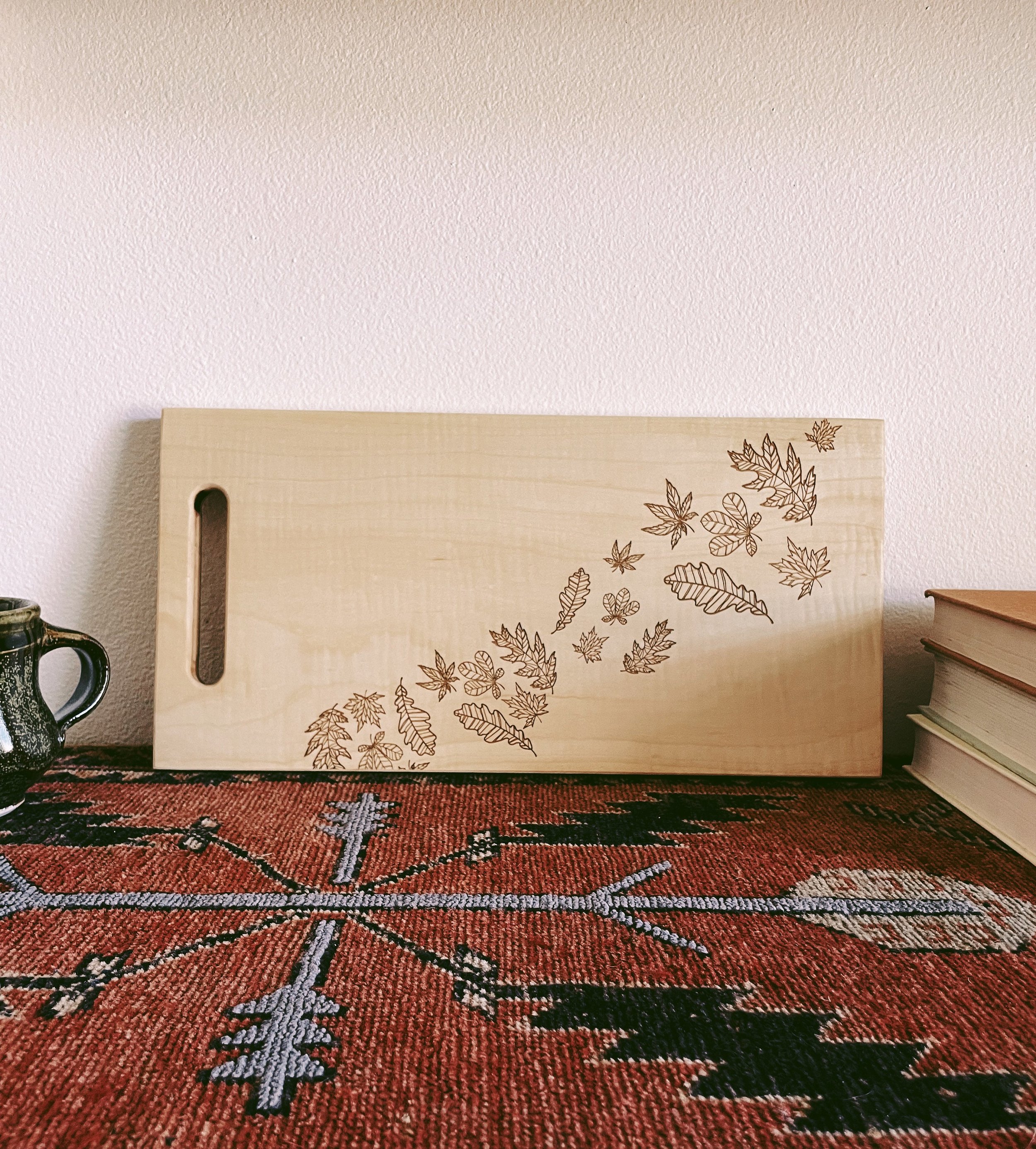 Engraved Cutting Board with Fall Decor, Charcuterie Board with Falling Leaves, Autumn Cheese Board in Walnut, Maple or White Oak