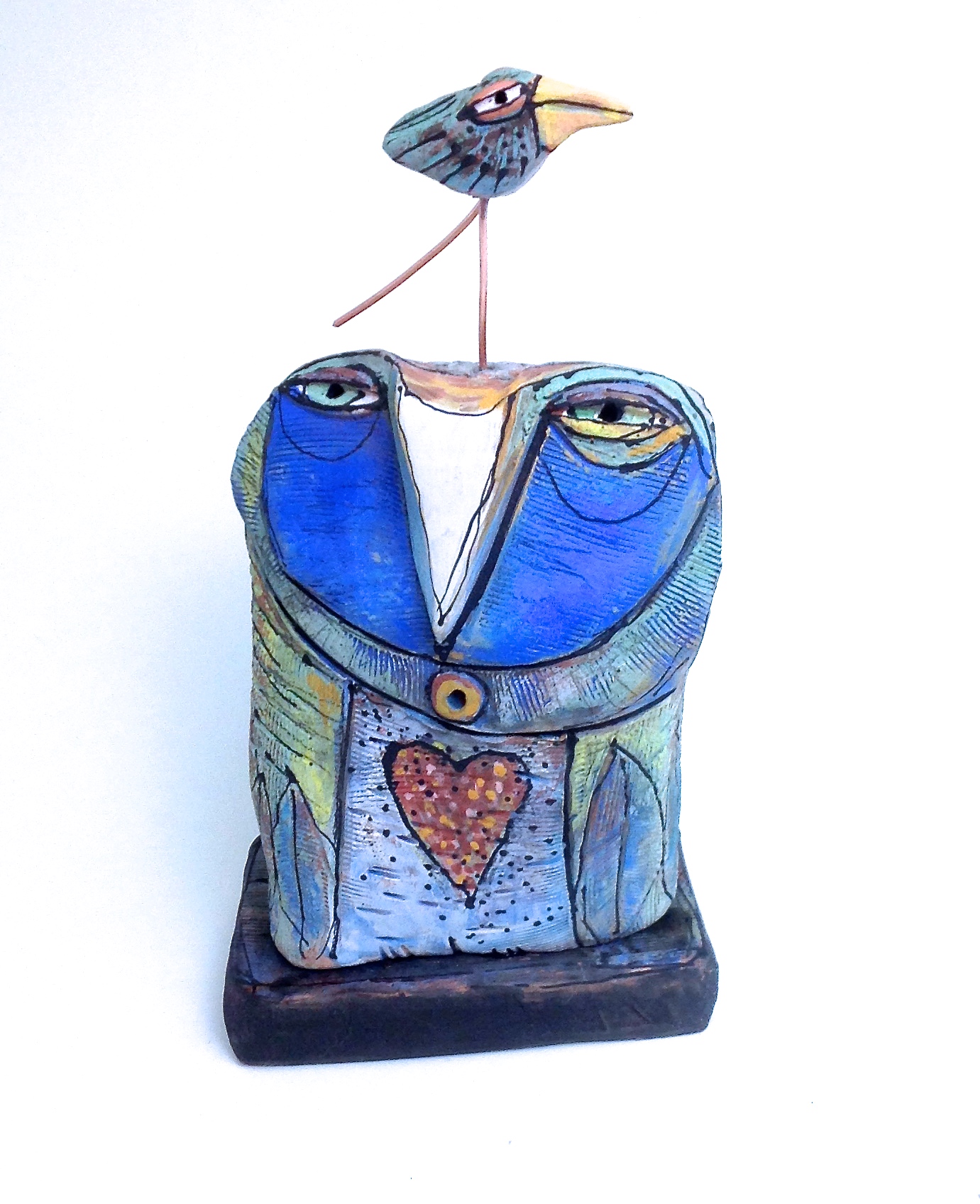 "Owl Person and Dancing Beauty Bird Singing Love into Being" 8-3/4 " tall