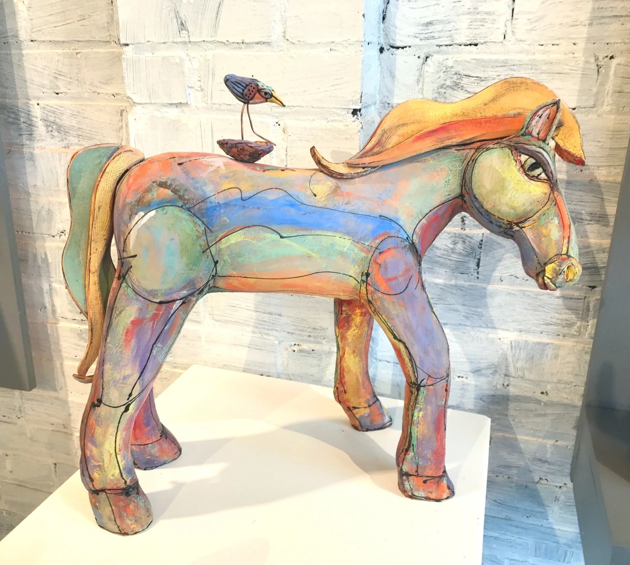  slab built, red clay, underglaze 