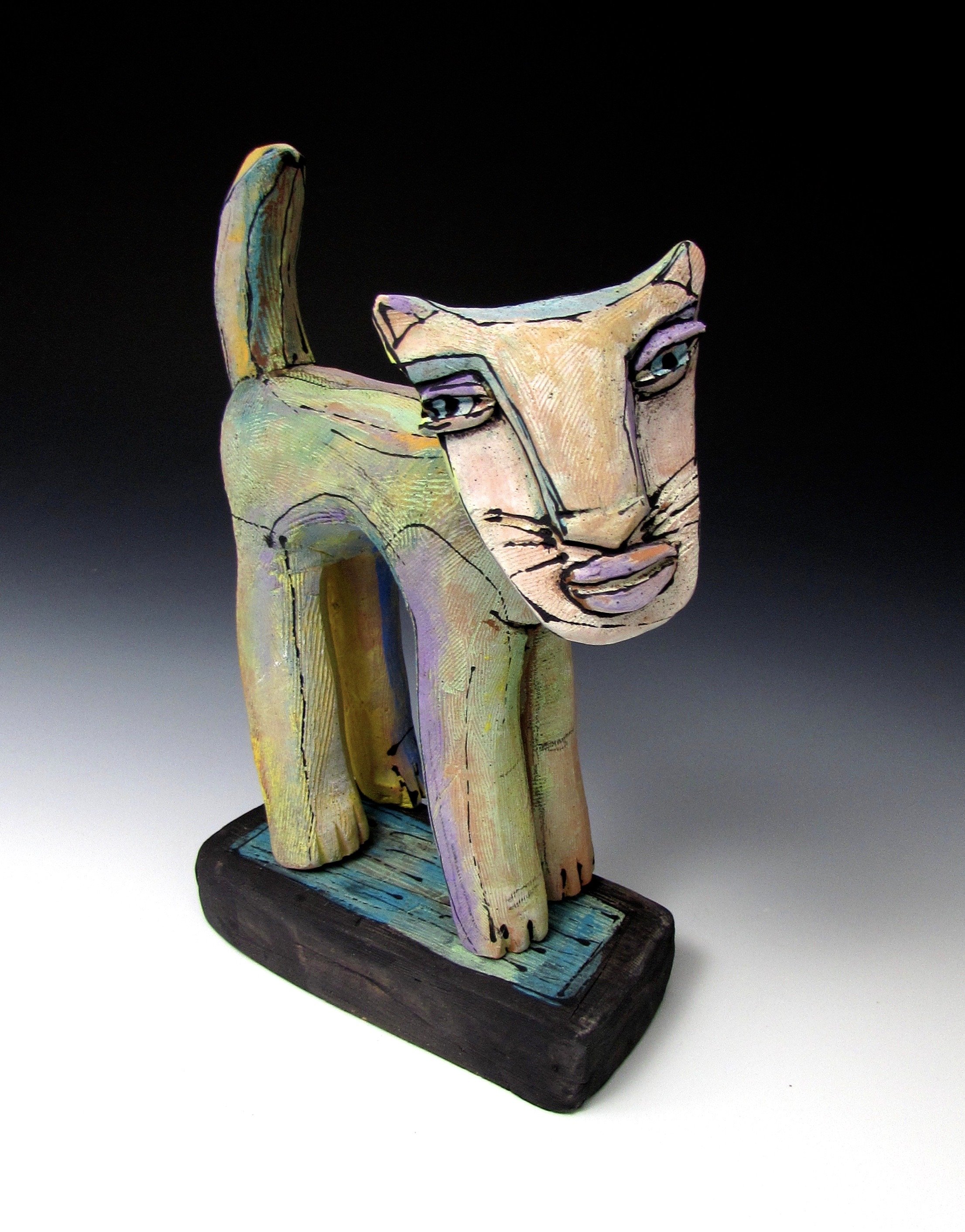 #4, Rainbow Cat, 8%22 H x 4-3:4%22 W, handbuilt : clay.jpg