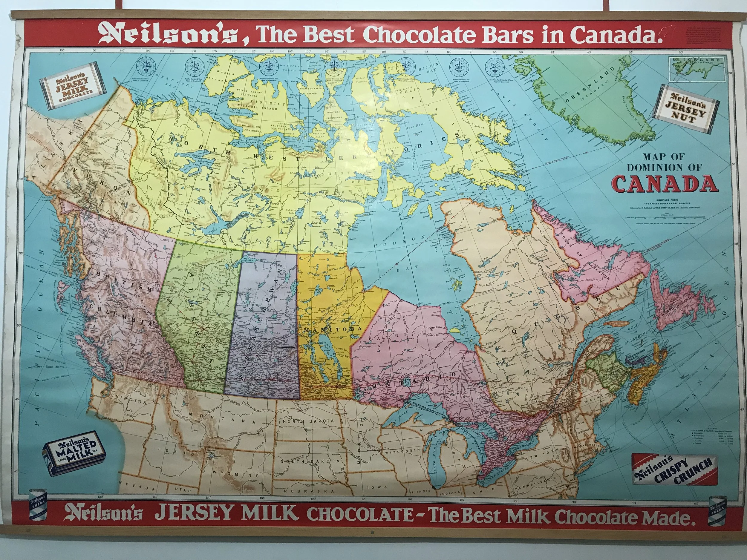 This country is big, yeah? Found this old map in the washroom at a cafe somewhere in New Brunswick