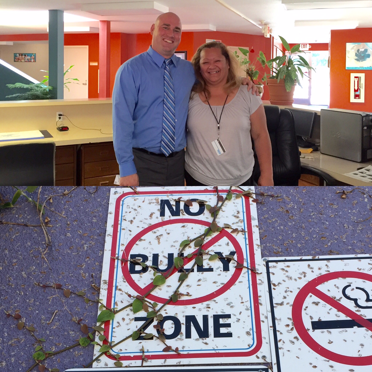 (Top) Deputy Center Director, Chris Allen with a happy employee of 17 years (Bottom) There are lots of rules at the Job Corps, but we like the #NoBullyZone best.
