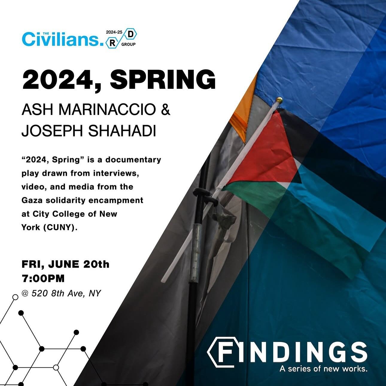 Here we go!!! Looking forward to debuting our first workshop of &ldquo;2024, Spring&rdquo; with The Civilians next week. &ldquo;2024, Spring&rdquo; is a drawn from interviews, video, and media from the Gaza solidarity encampment at CUNY. 

Developing