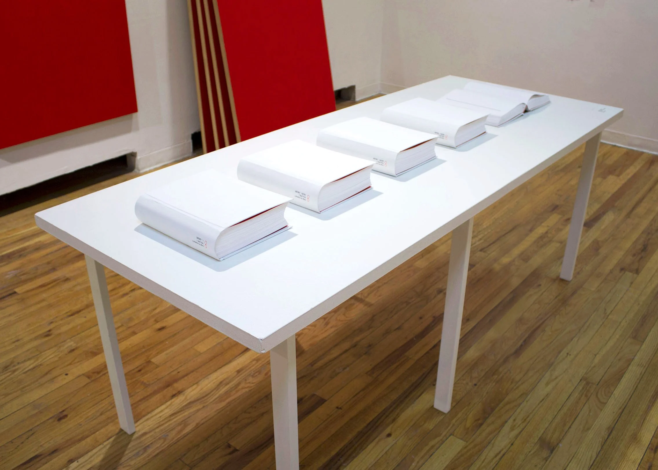 One to Infinity Volumes 1 through 5, Hand bound French stitch binding with sewn signatures, Letterpressed spine, Silkscreened title page, and digitally printed text 