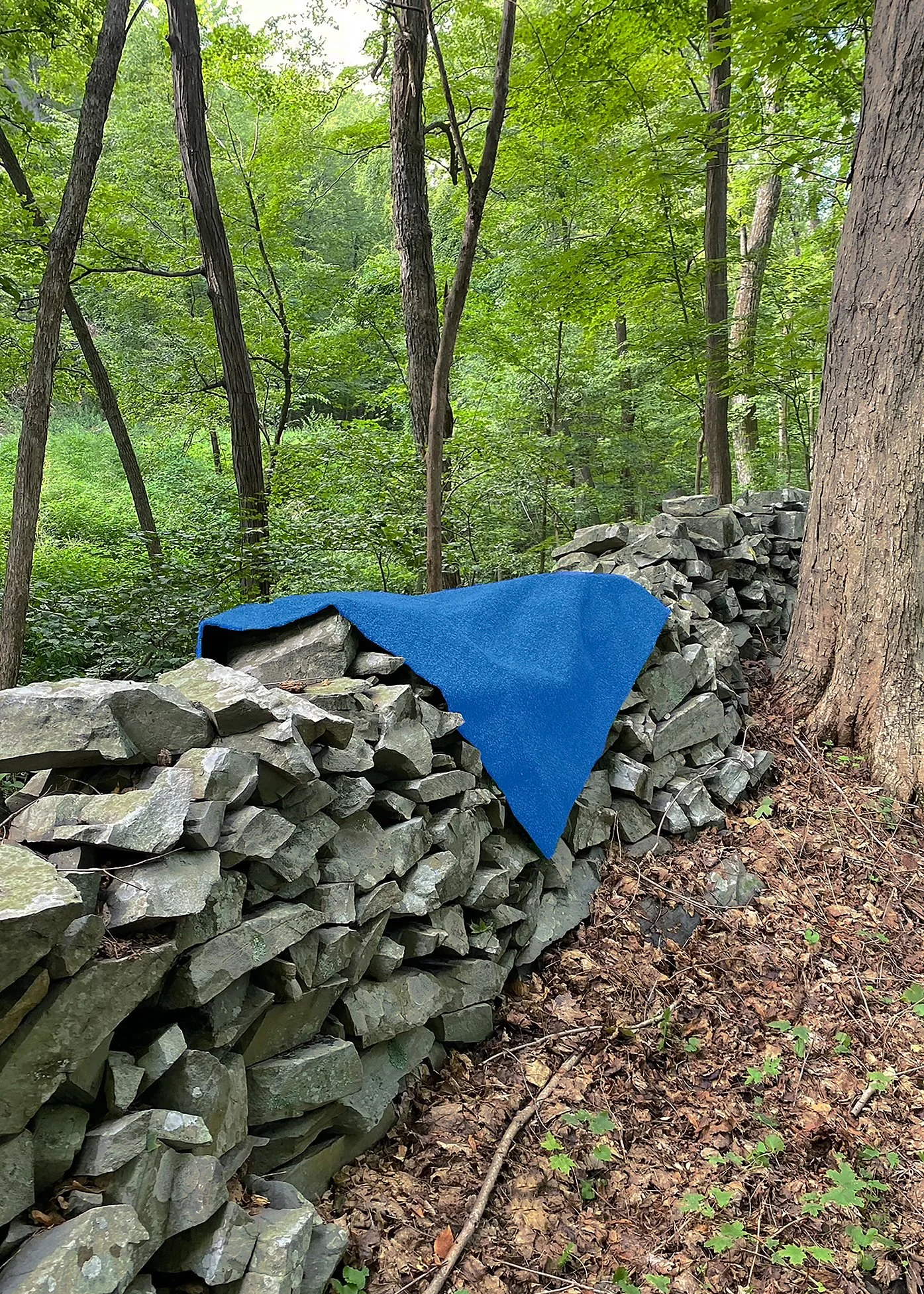 Blue Felt Tourist, 2024, Blue felt draped over a stone wall in Spring, Esopus, NY