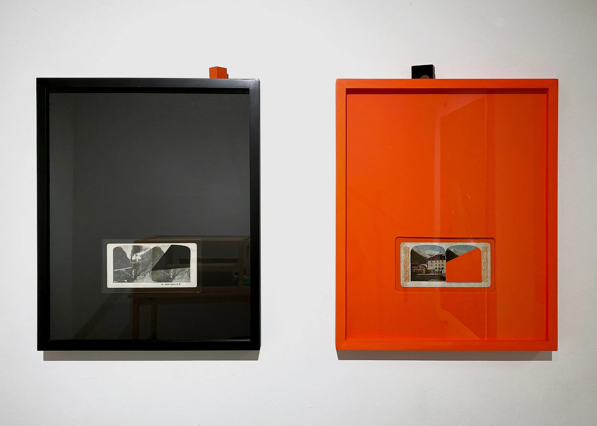 Symbiosis Stereographs, 2023, Found vintage Stereographs, color mat, and matching painted wooden frame, 20” x 16”