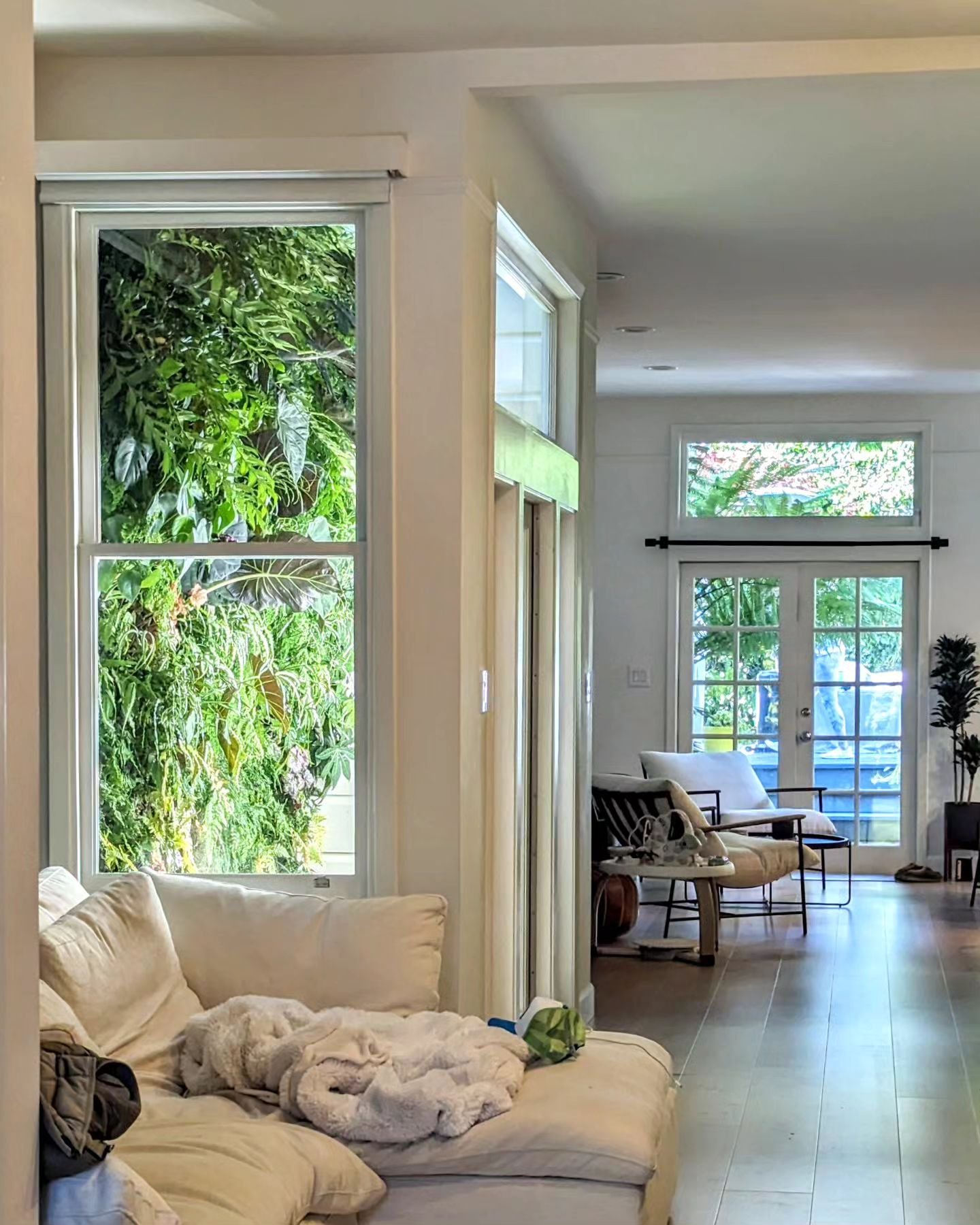 A living wall is added to this light well to transform a neighbor's wall into a beautiful forest. Created using Florafelt pocket panels hung from hooks on a lightweight wood frame. Simple drip irrigation waters from the top. Supplemental light is add