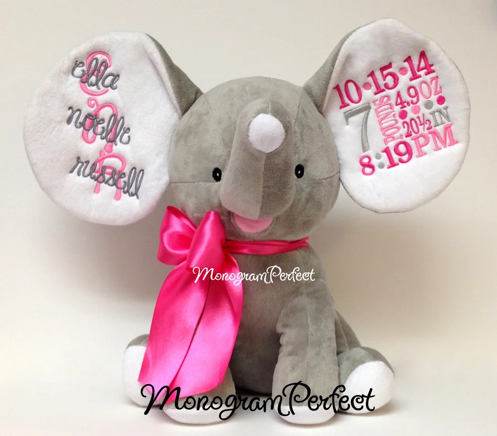 Retiring Design*** Personalized Birth Announcement Gray Floppy Ear Stuffed  Elephant (Hot Pink, Bubblegum Pink & Gray) — MonogramPerfect