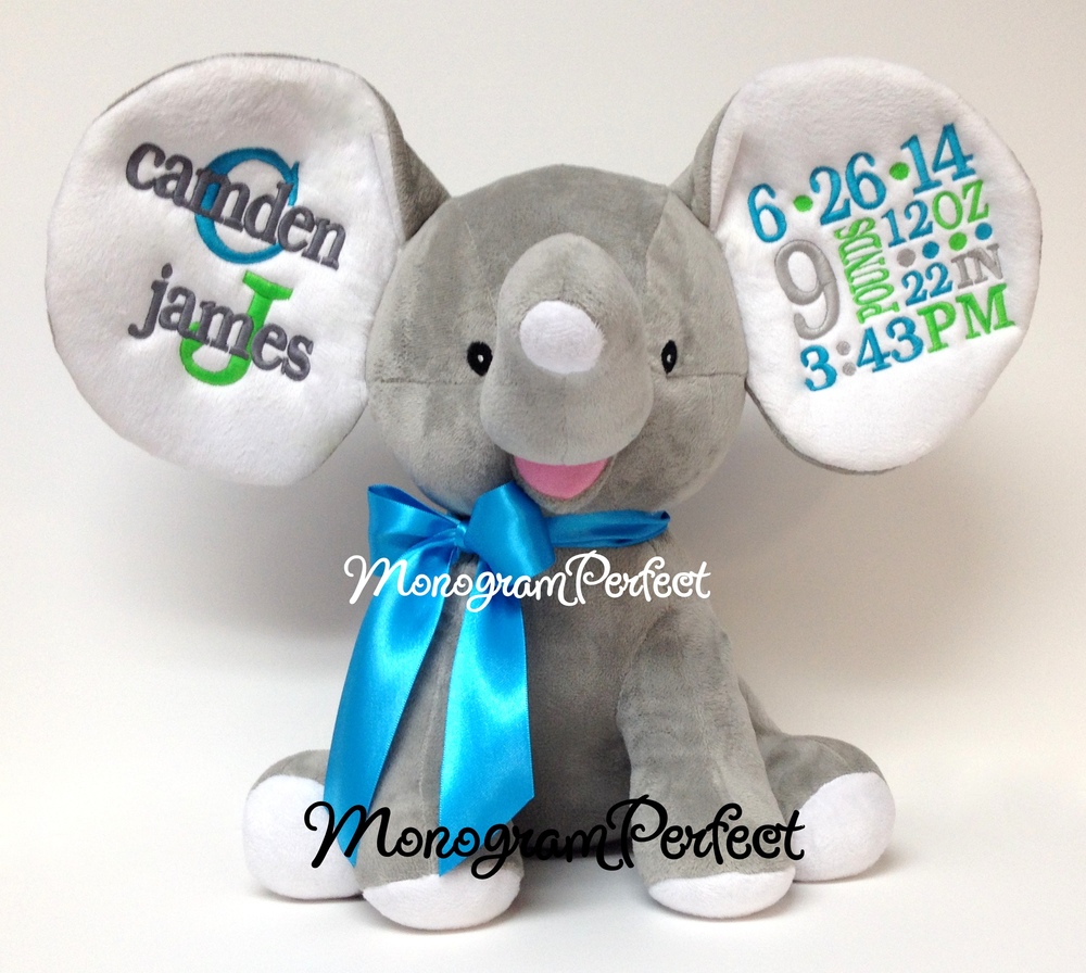 ***Retiring Design*** Personalized Gray Floppy Ear Stuffed Elephant -Birth  Announcement (Teal Blue, Lime Green & Gray) — MonogramPerfect
