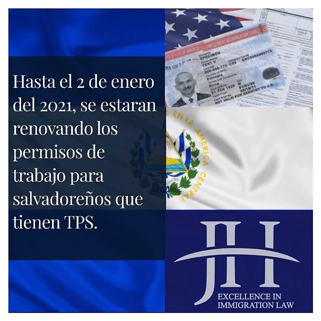 𝐀𝐕𝐈𝐒𝐎 𝐈𝐌𝐏𝐎𝐑𝐓𝐀𝐍𝐓𝐄 𝐏𝐀𝐑𝐀 𝐄𝐥 𝐓𝐏𝐒 𝐃𝐄 𝐄𝐥 𝐒𝐀𝐋𝐕𝐀𝐃𝐎𝐑!

En JOHANNA HERRERO &amp; ASOCIADOS queremos ACLARAR que los gobiernos de USA y El Salvador han acordado RENOVAR EL PERMISO DE TRABAJO A LOS BENEFICIARIOS DE TPS HASTA E