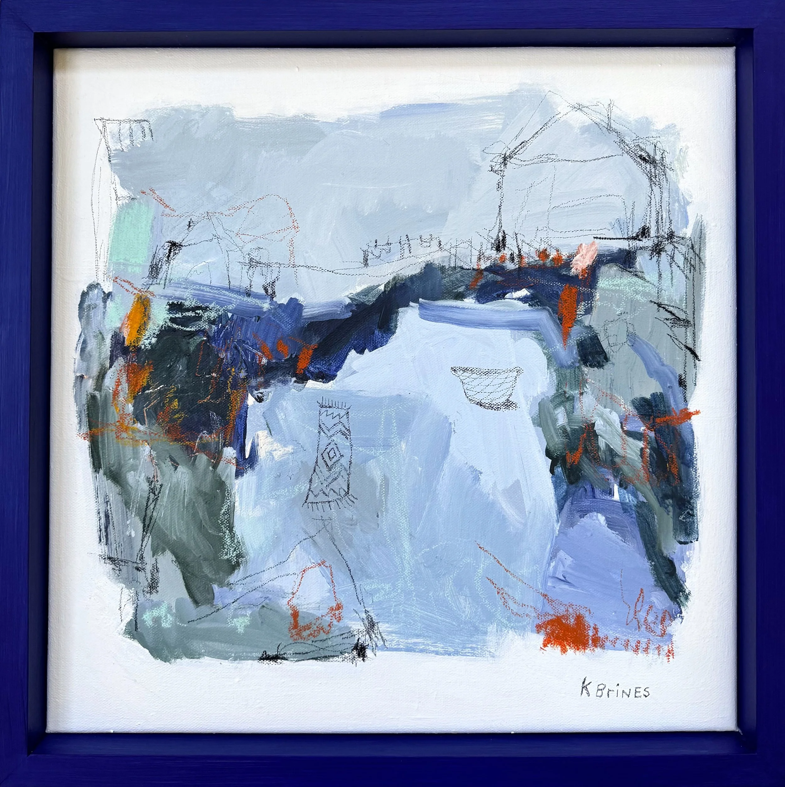 moody blue, orange, and dark green abstract landscape with elements of domesticity