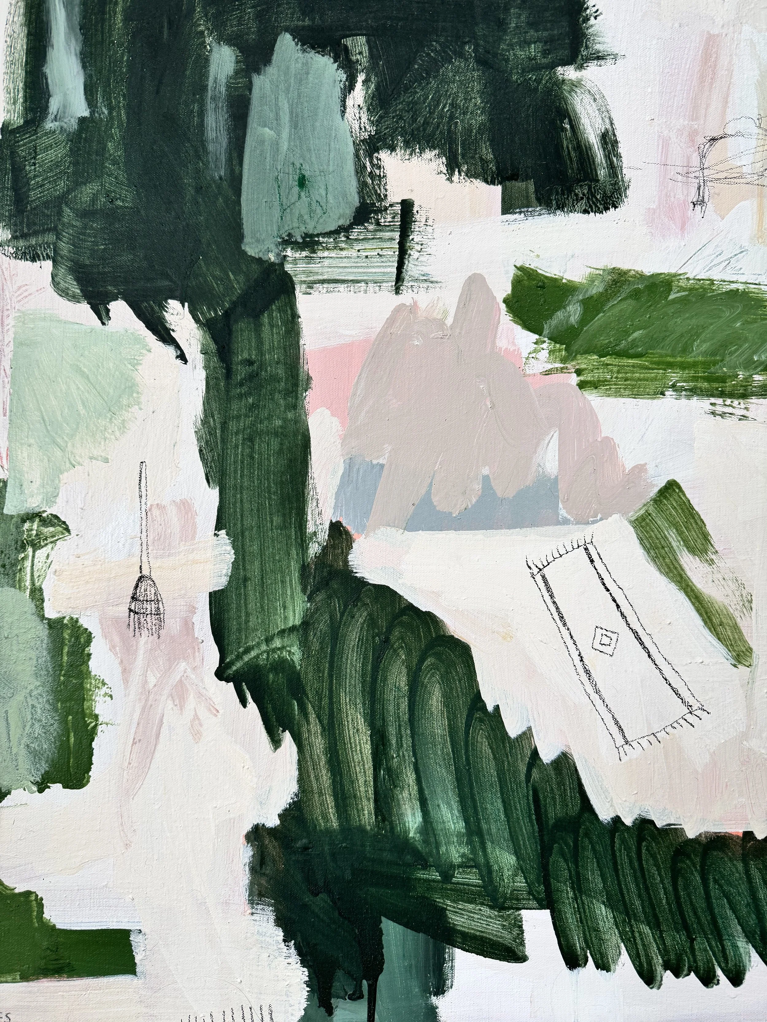 An abstract dark green, white, and grey painting with painterly brushstrokes and motifs of brooms, rugs, and shapes of houses that begin to emerge in black charcoal.