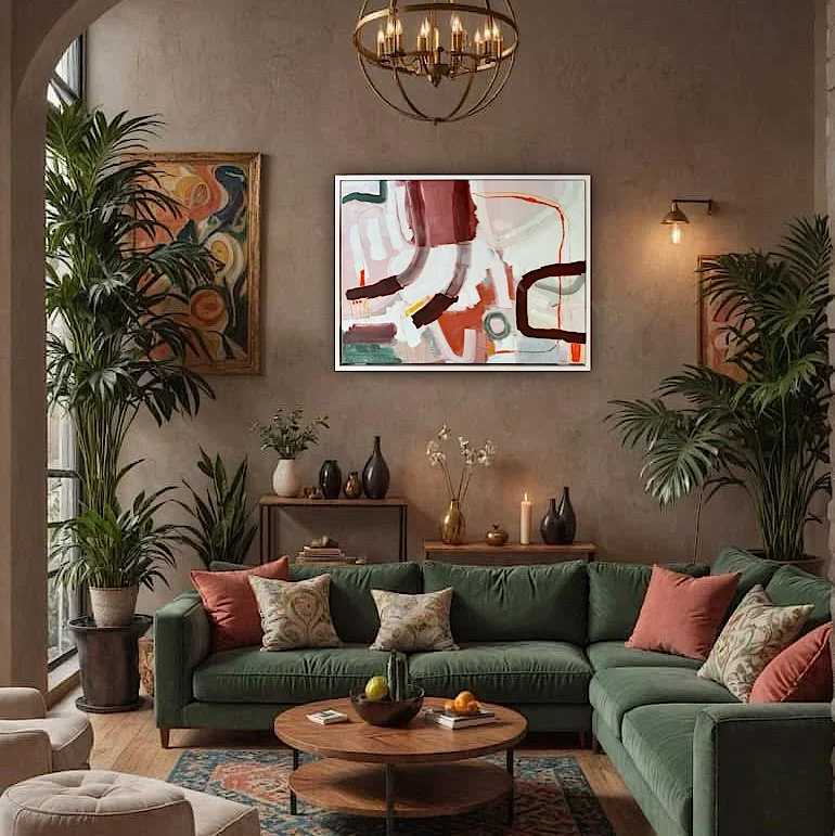 light pink framed abstract painting with brown lines and forms hanging on a cozy fall living room wall