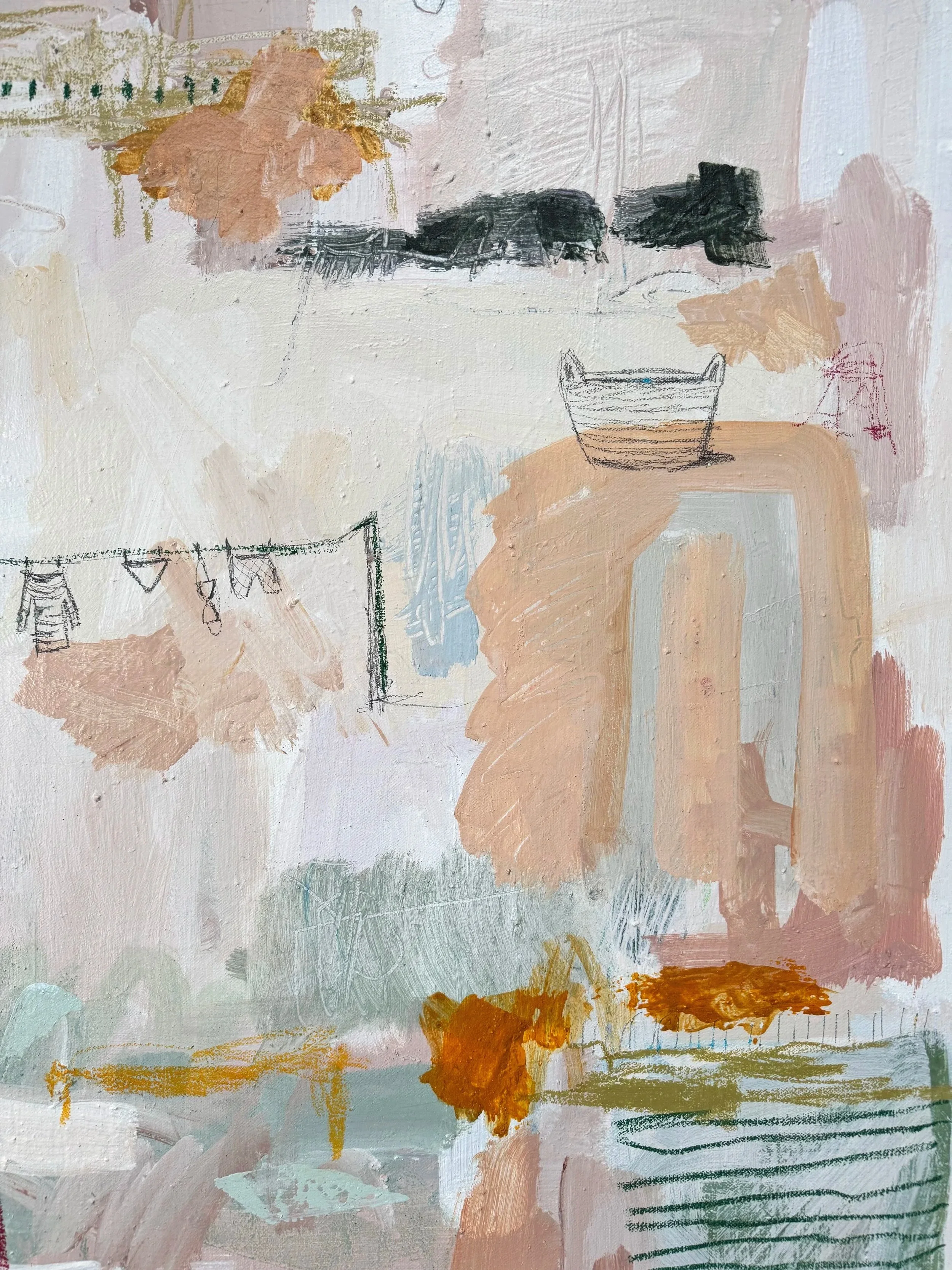 Hinterland has a largely peach/beige background. Painterly brushstrokes and forms start to emerge in dark green, dark purple, sunflower yellow, fall orange, and light sea foam green.