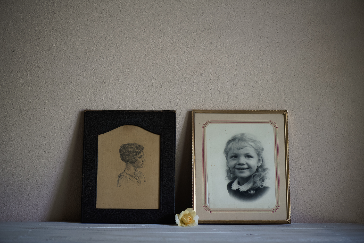 Hand drawn sketch of Grandma & an early portrait of Mom.