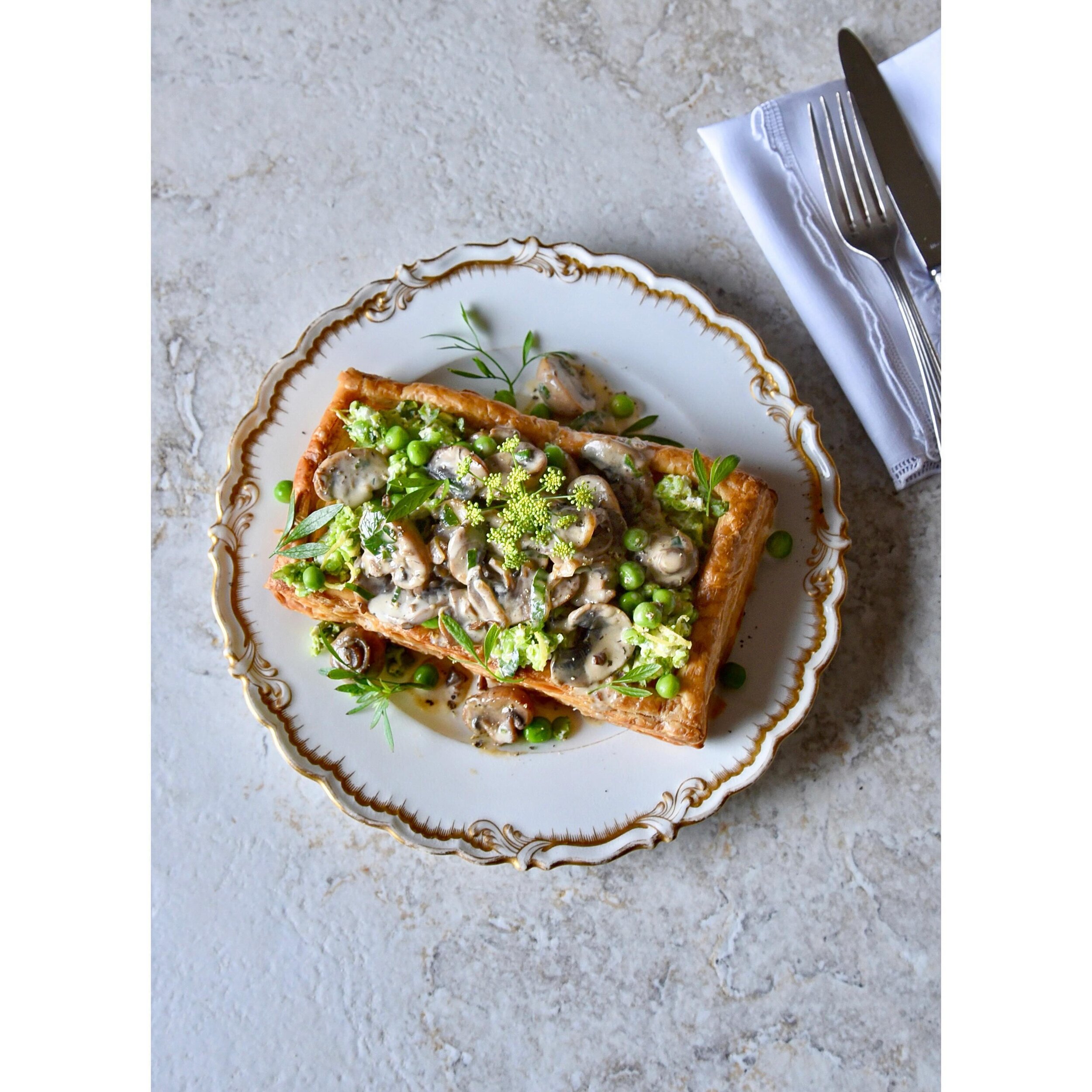 Pea and mushroom vol au vent, on the menu this year at the ch&acirc;teau. @chateaugudanes 
📸 @warwickwood_art 
Recipe and food styling, me. @tracyvalentinawood 
All butter puff pastry @caremepastry 💛
.
.
.
.
.
#chateaugudanes #caremepuffpastry #bea